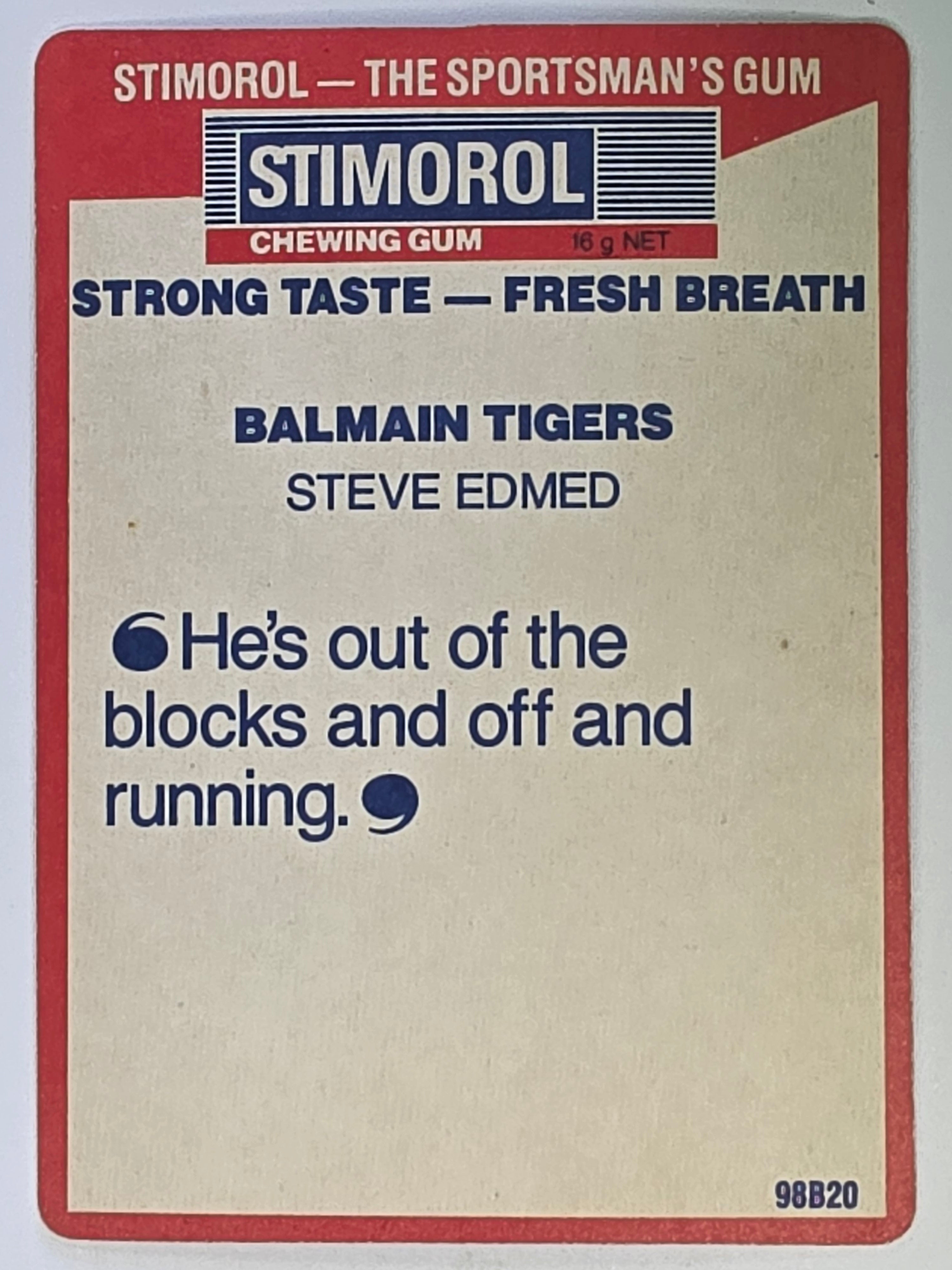 NRL 1990 Stimorol | Base Card #013 | Steve Edmed | Balmain Tigers