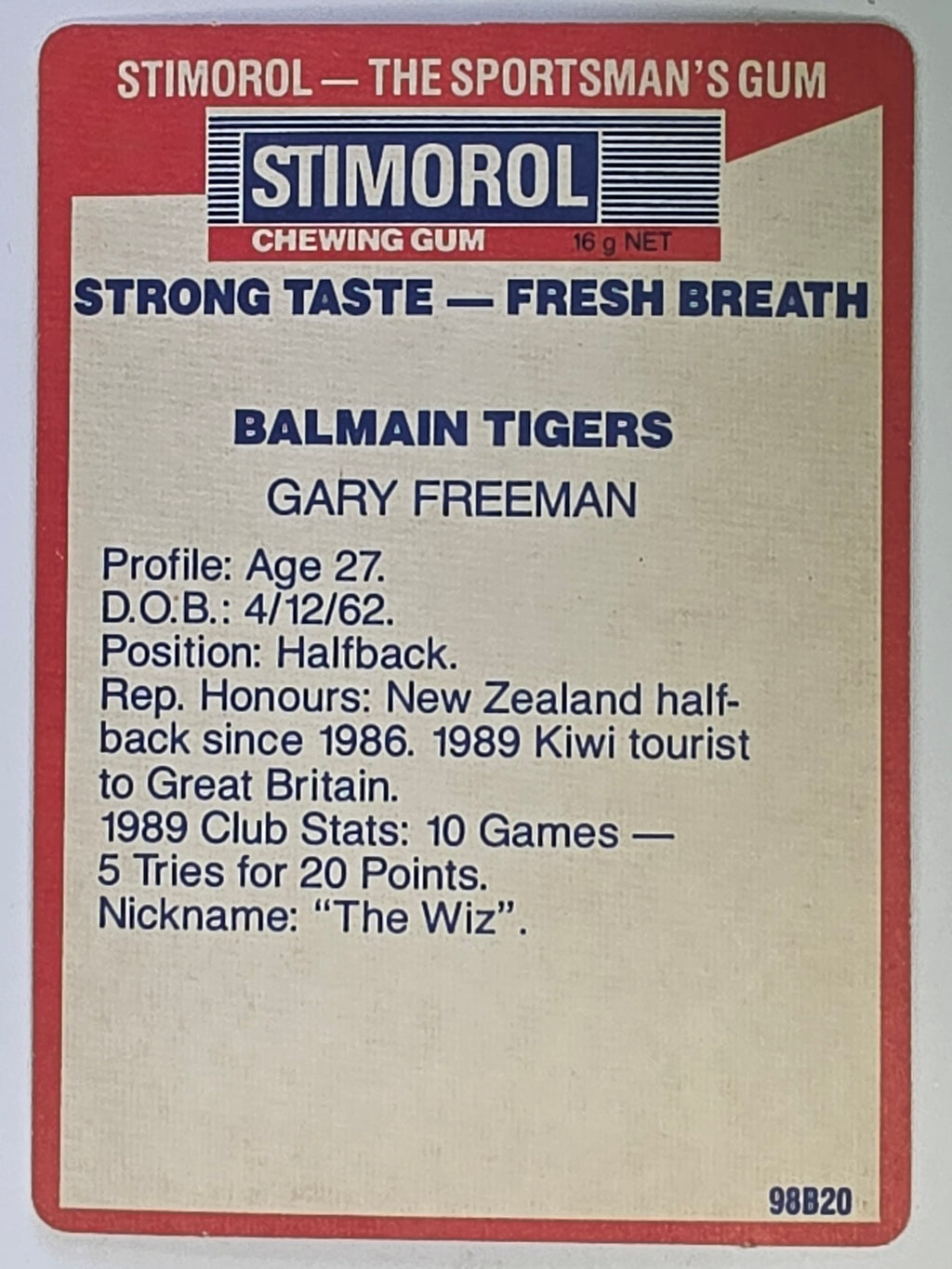 NRL 1990 Stimorol | Base Card #014 | Gary Freeman | Balmain Tigers