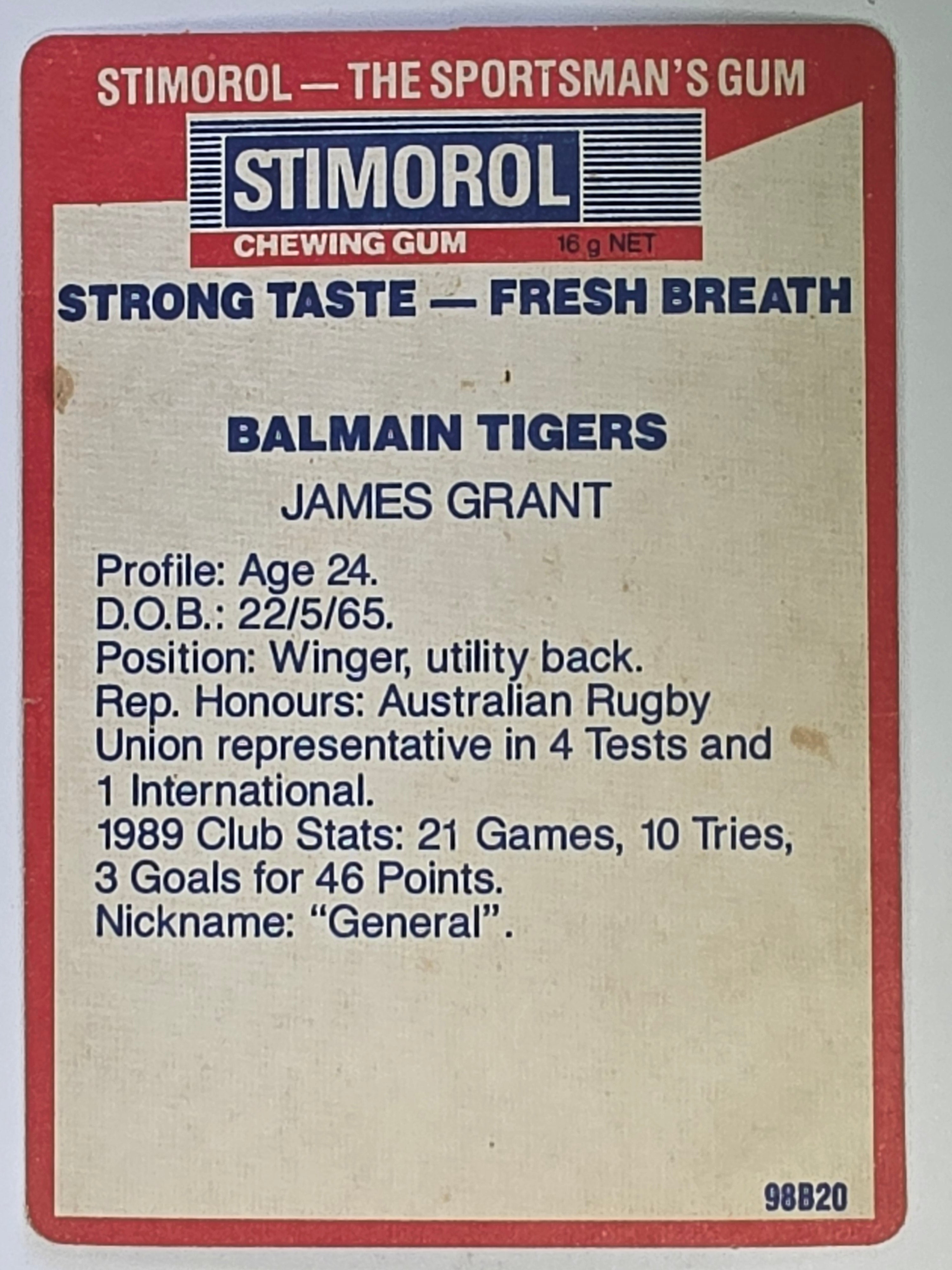 NRL 1990 Stimorol | Base Card #015 | James Grant | Balmain Tigers