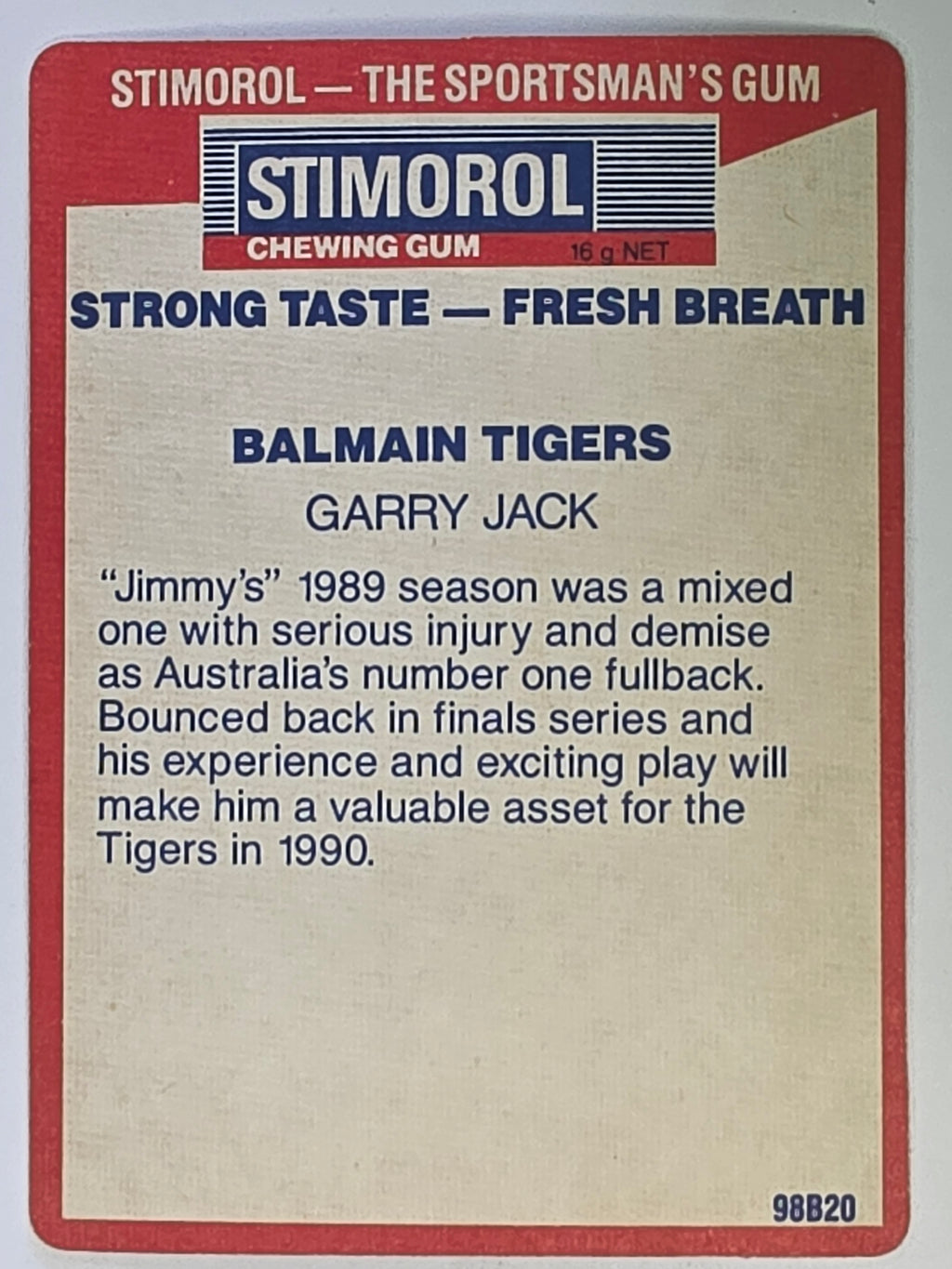 NRL 1990 Stimorol | Base Card #016 | Garry Jack | Balmain Tigers