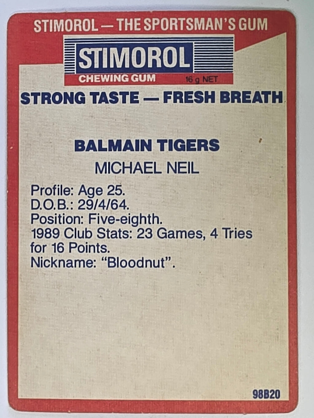NRL 1990 Stimorol | Base Card #017 | Michael Neil | Balmain Tigers