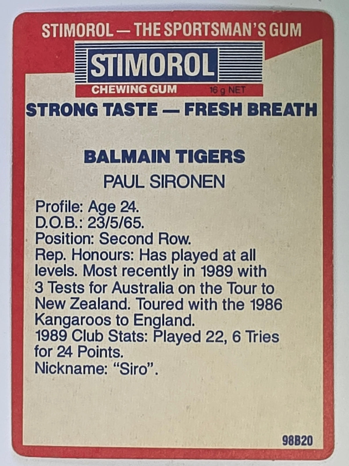 NRL 1990 Stimorol | Base Card #019 | Paul Sironen | Balmain Tigers