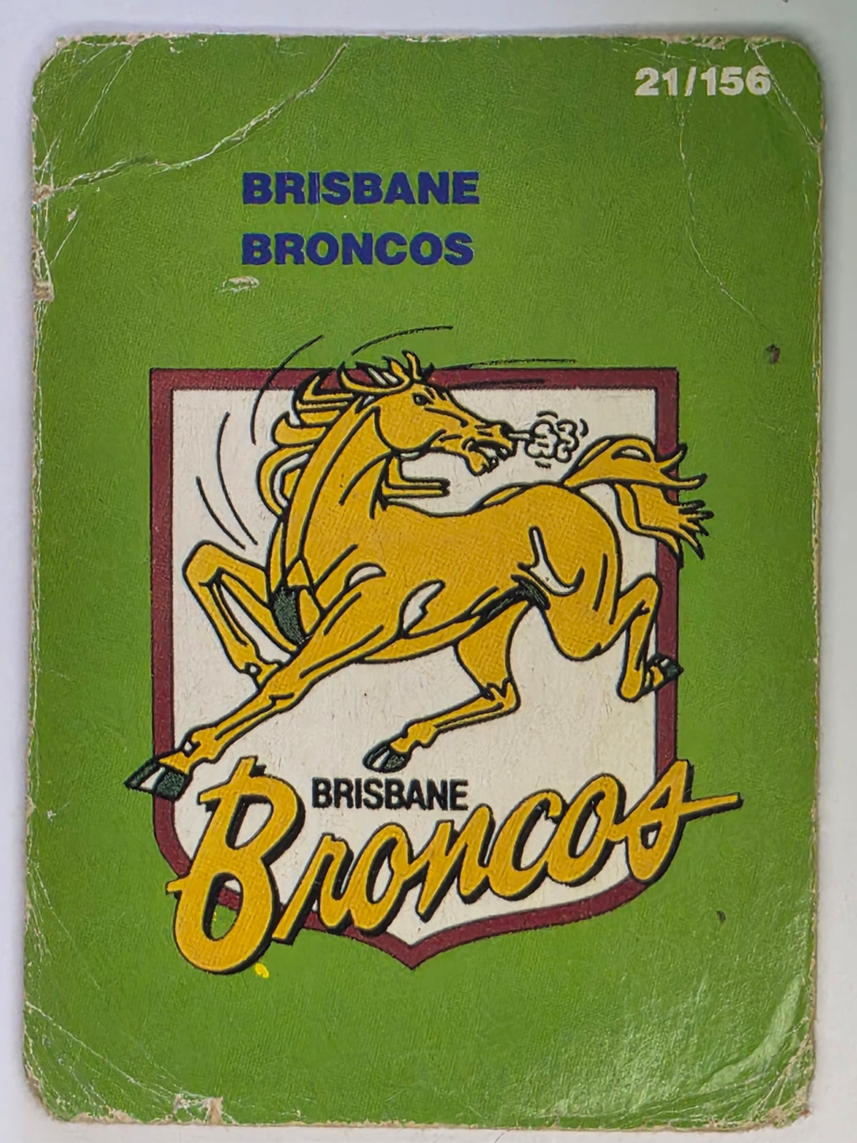 NRL 1990 Stimorol | Base Card #021 | Brisbane Broncos Logo (Damaged)