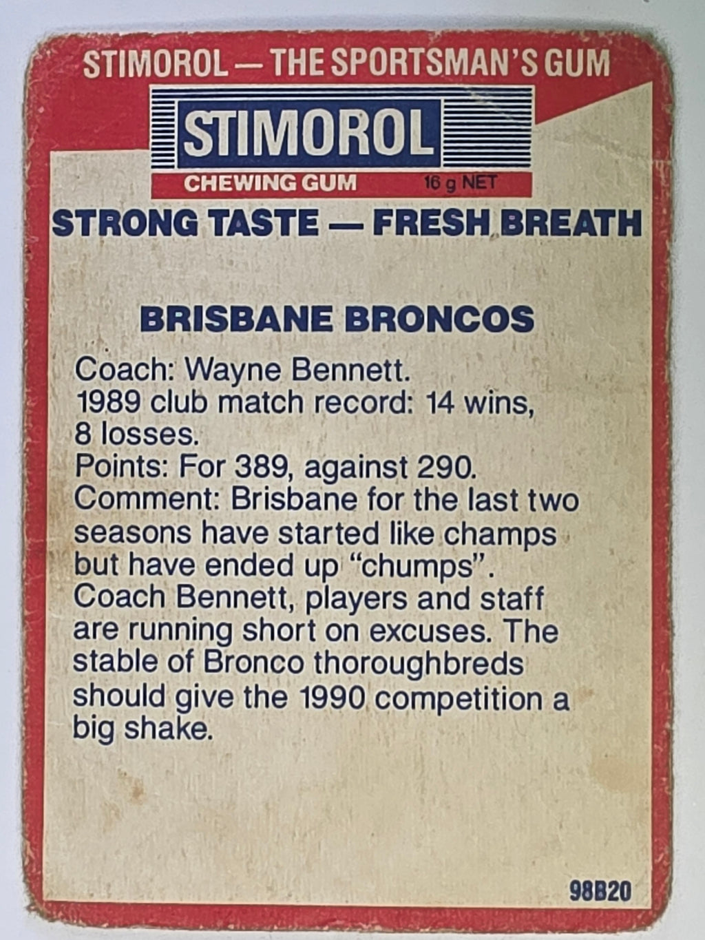NRL 1990 Stimorol | Base Card #021 | Brisbane Broncos Logo (Damaged)