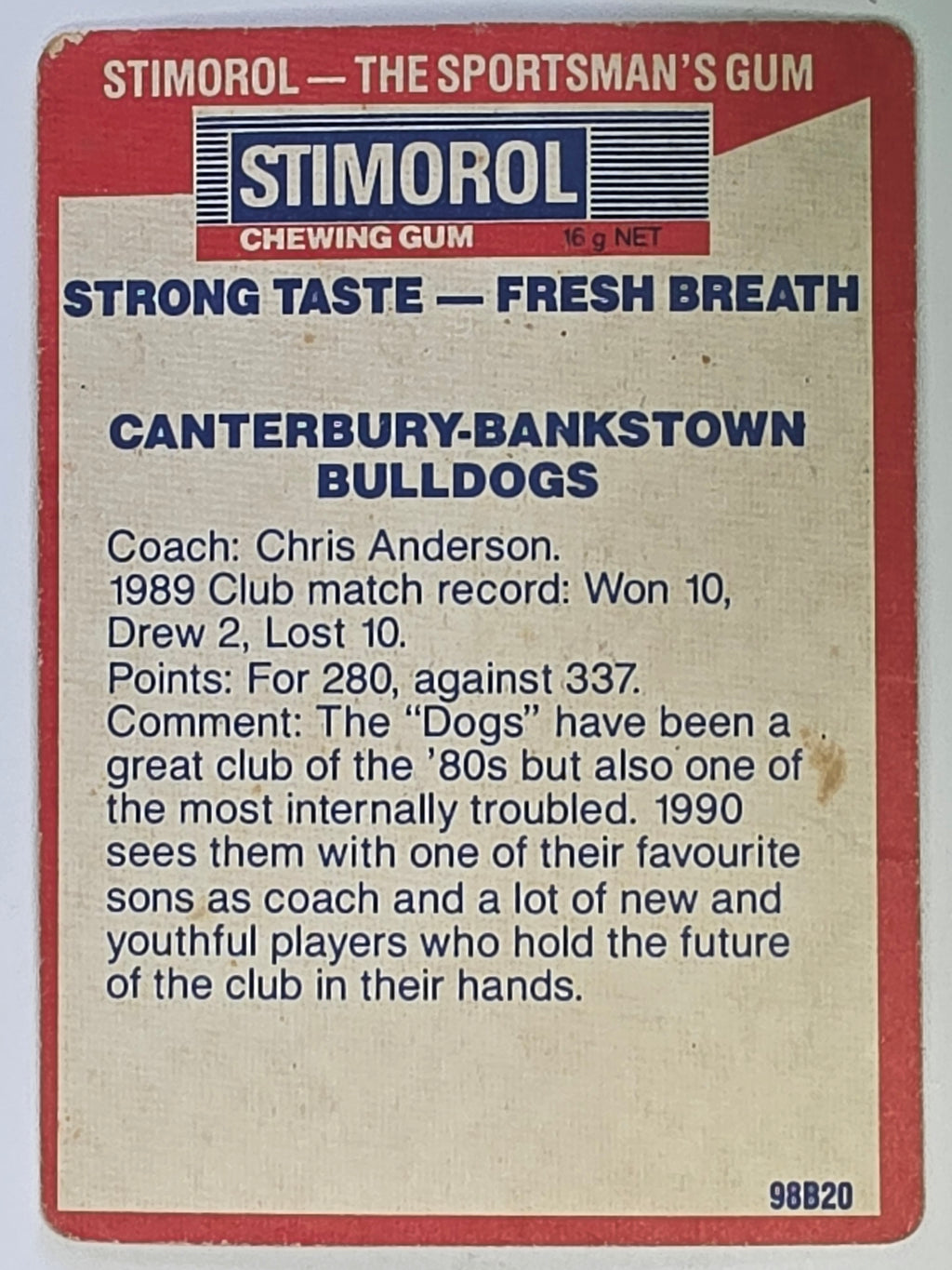 NRL 1990 Stimorol | Base Card #030 | Canterbury Bankstown Bulldogs Logo