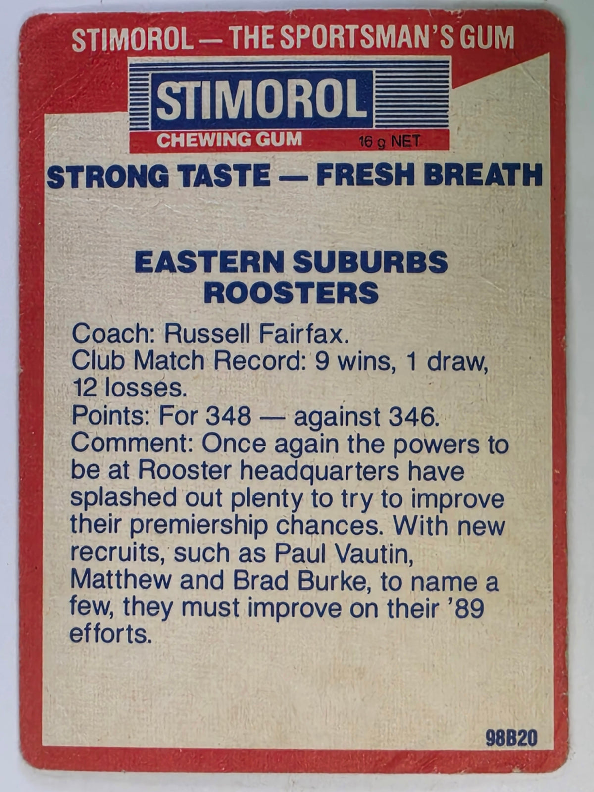 NRL 1990 Stimorol | Base Card #048 | Sydney Roosters Logo