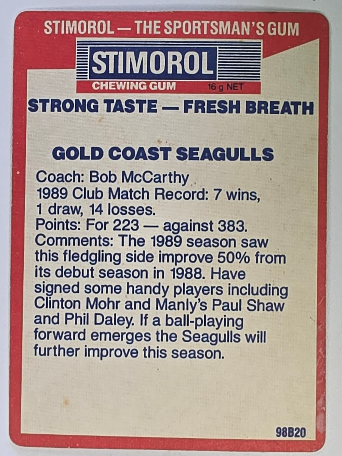 NRL 1990 Stimorol | Base Card #057 | Gold Coast Seagulls Logo
