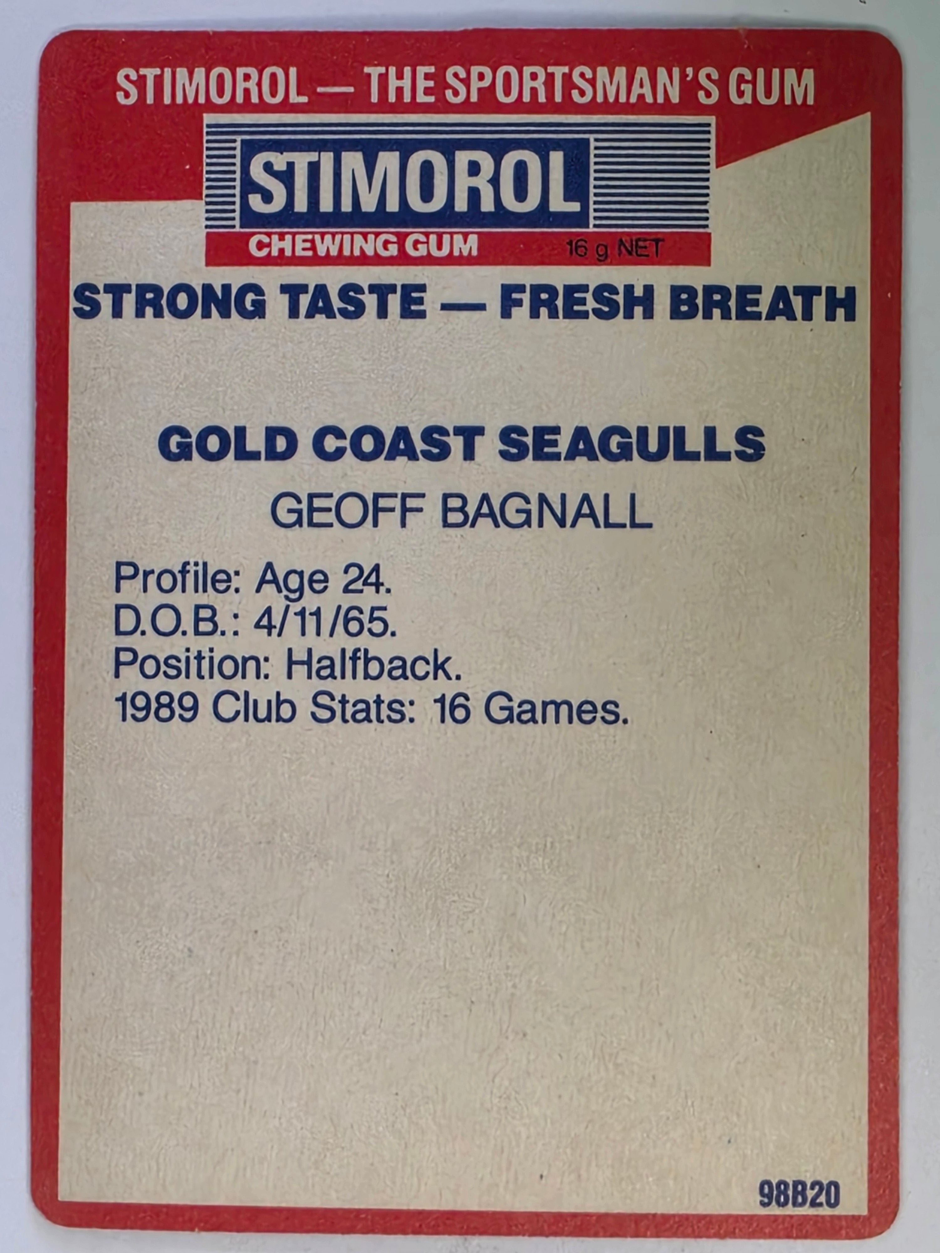 NRL 1990 Stimorol | Base Card #058 | Geoff Bagnall | Gold Coast Seagulls