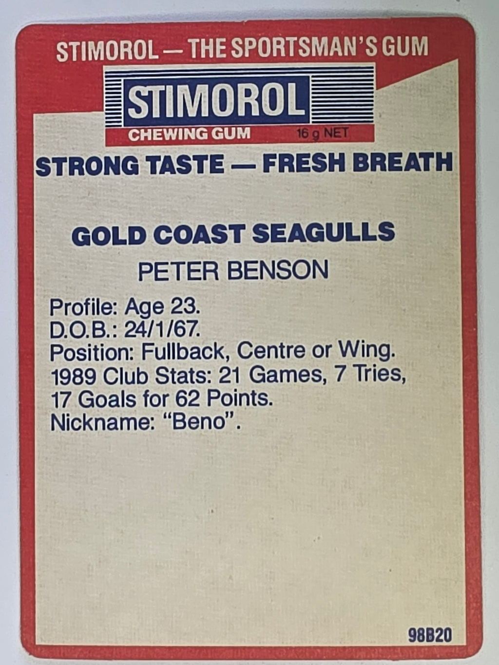 NRL 1990 Stimorol | Base Card #059 | Peter Benson | Gold Coast Seagulls