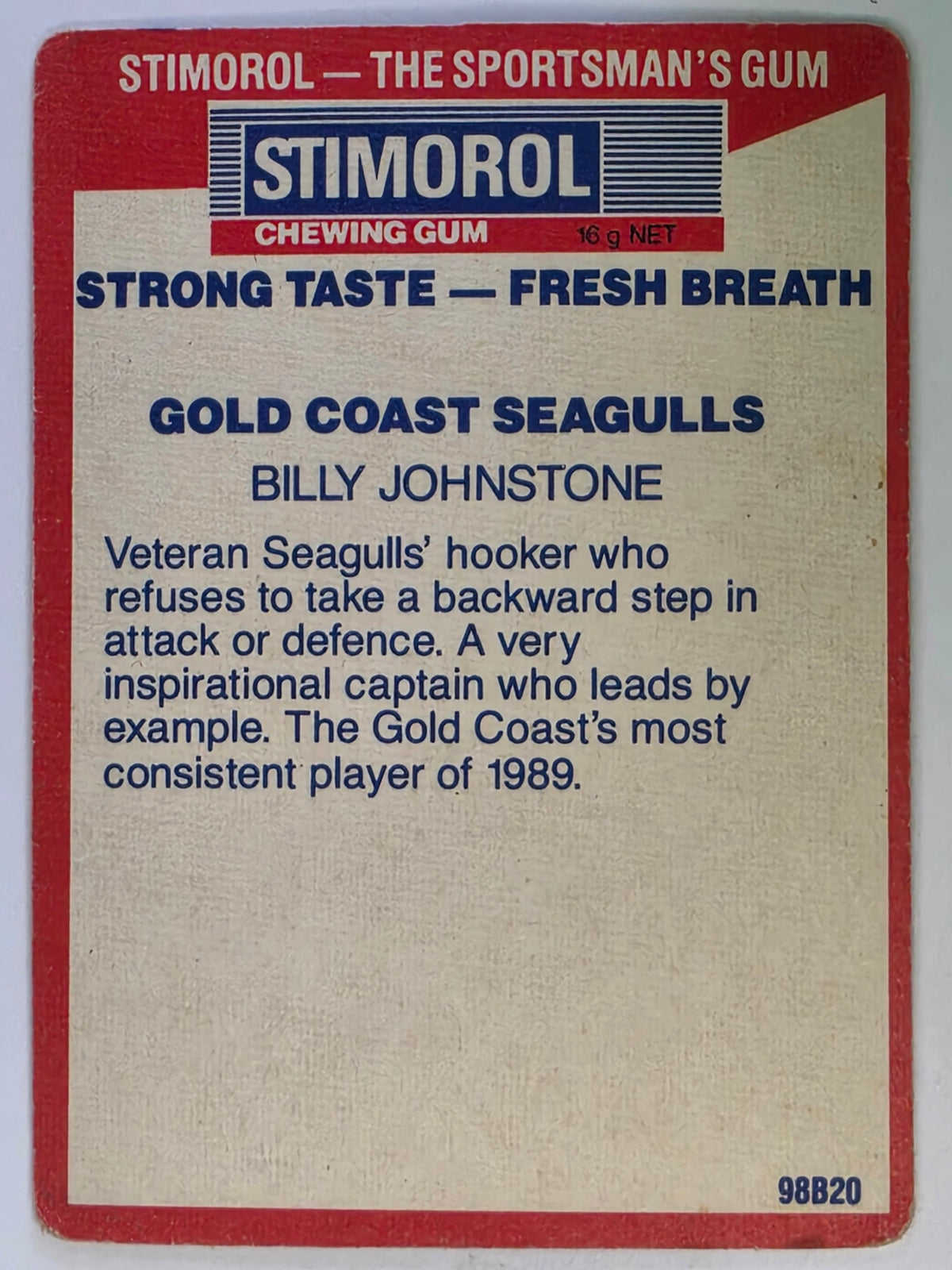 NRL 1990 Stimorol | Base Card #063 | Billy Johnstone | Gold Coast Seagulls