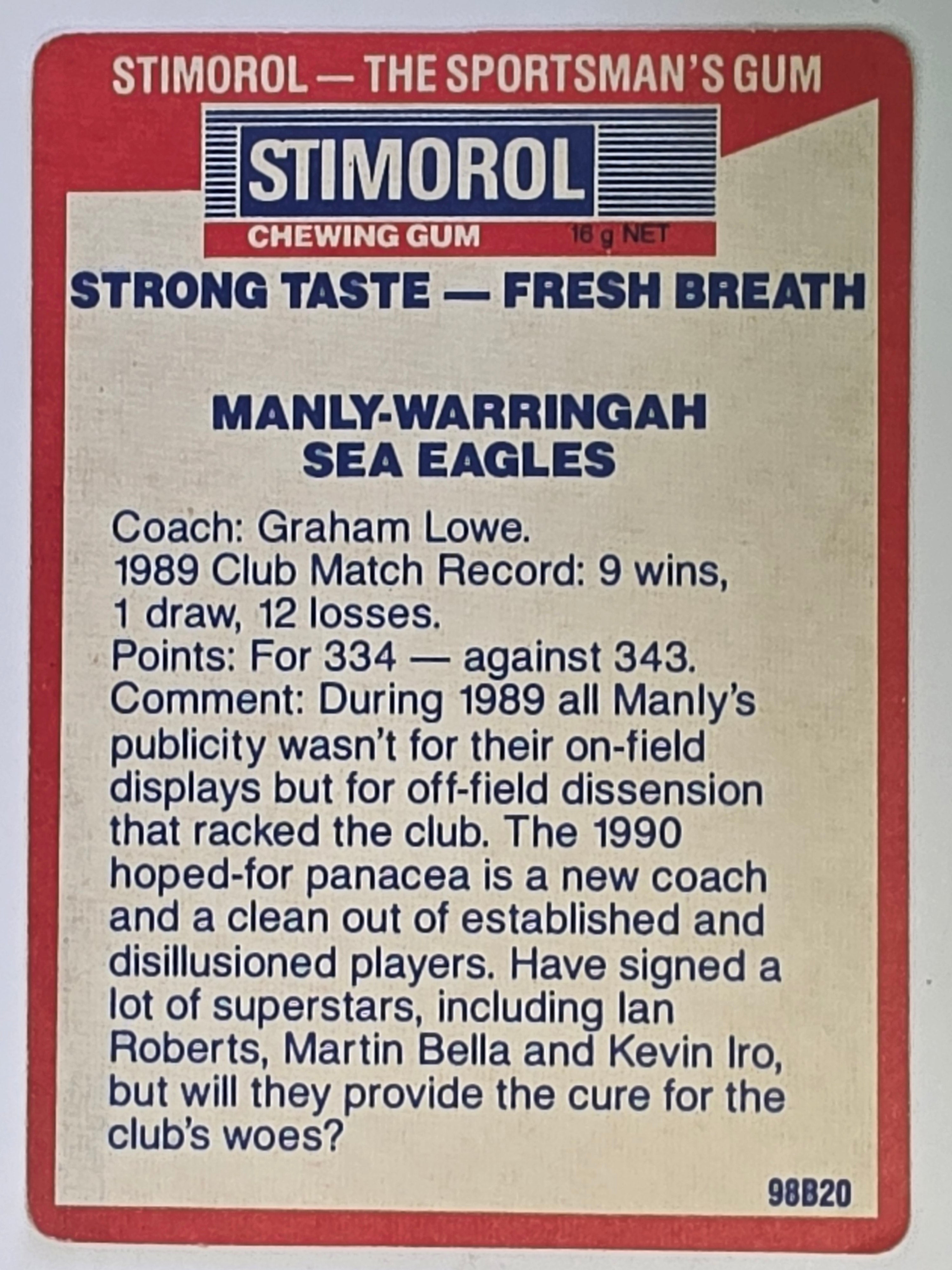 NRL 1990 Stimorol | Base Card #075 | Manly Warringah Sea Eagles Logo