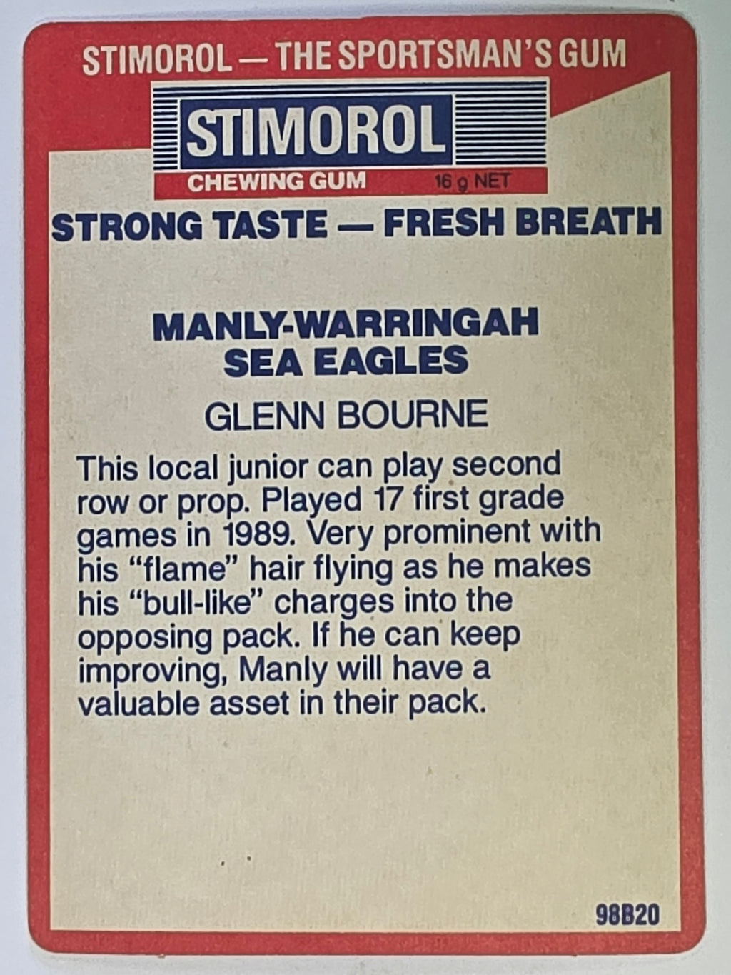 NRL 1990 Stimorol | Base Card #076 | Glenn Bourne | Manly Warringah Sea Eagles