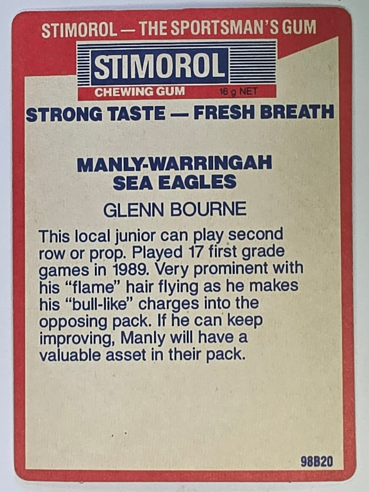 NRL 1990 Stimorol | Base Card #076 | Glenn Bourne | Manly Warringah Sea Eagles