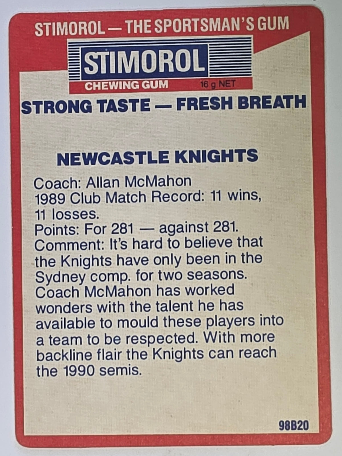 NRL 1990 Stimorol | Base Card #084 | Newcastle Knights Logo
