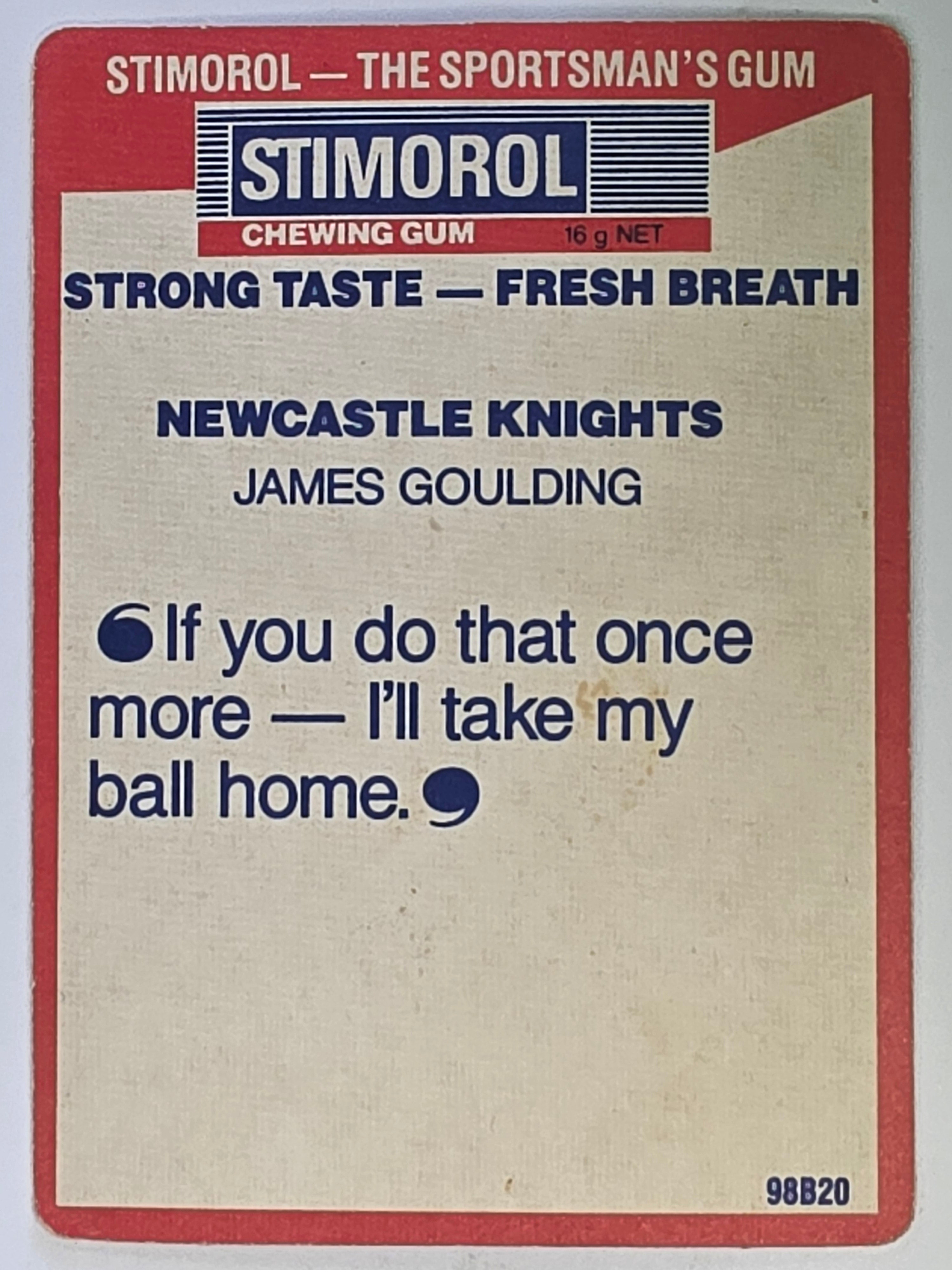 NRL 1990 Stimorol | Base Card #087 | James Goulding | Newcastle Knights