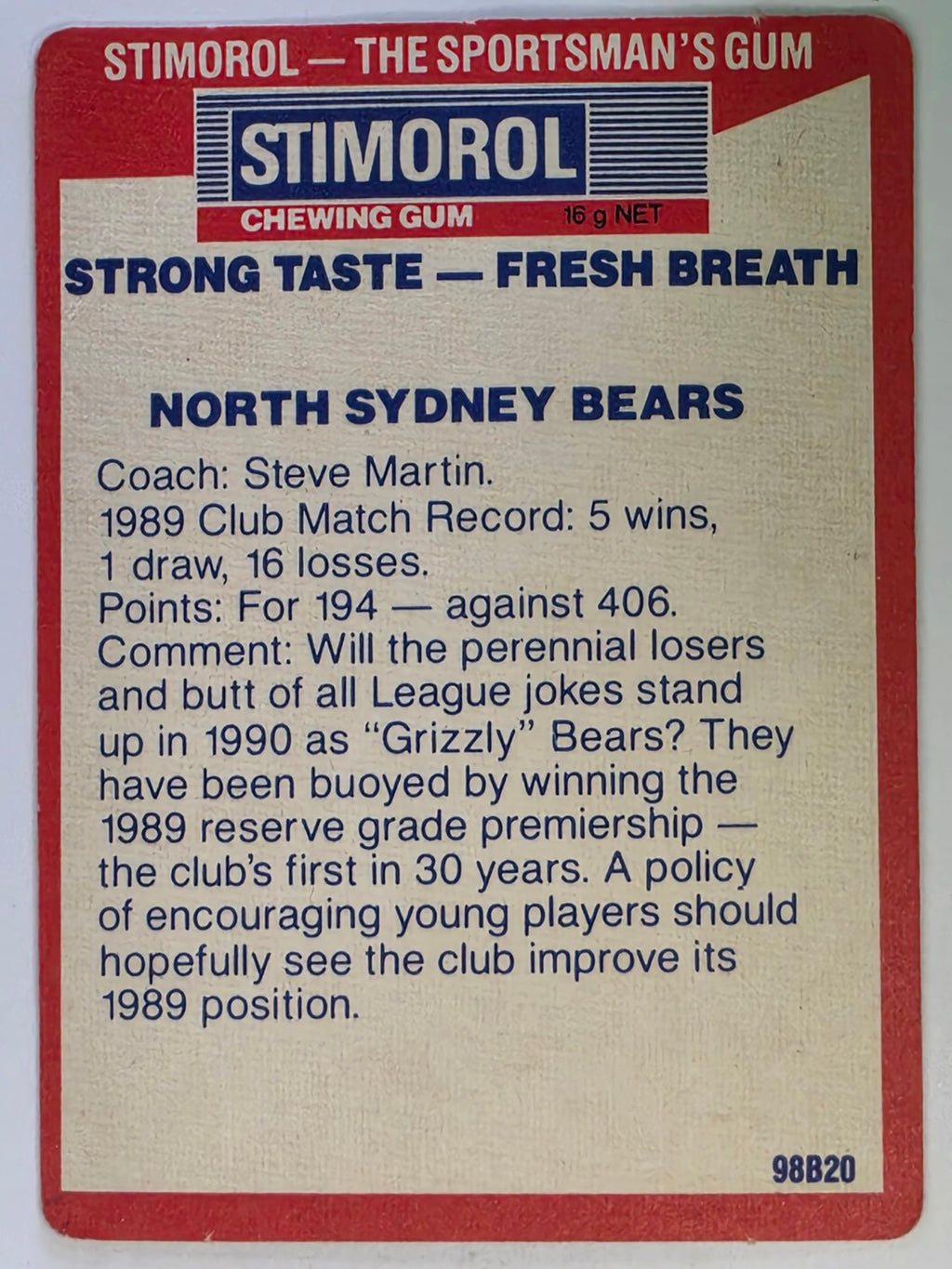 NRL 1990 Stimorol | Base Card #094 | North Sydney Bears Logo