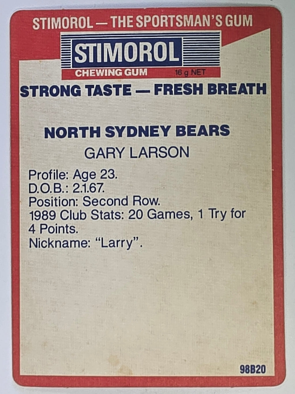 NRL 1990 Stimorol | Base Card #100 | Gary Larson | North Sydney Bears