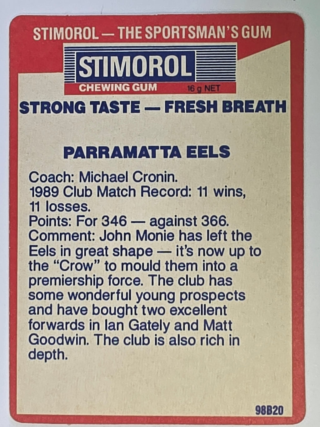 NRL 1990 Stimorol | Base Card #103 | Parramatta Eels Logo