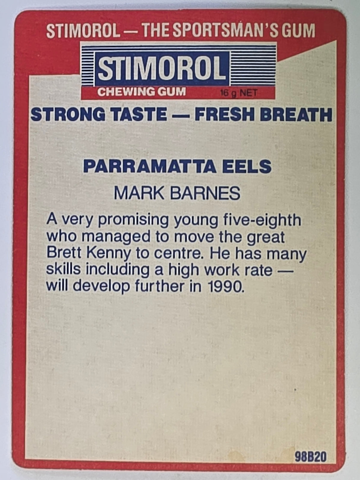 NRL 1990 Stimorol | Base Card #104 | Mark Barnes | Parramatta Eels