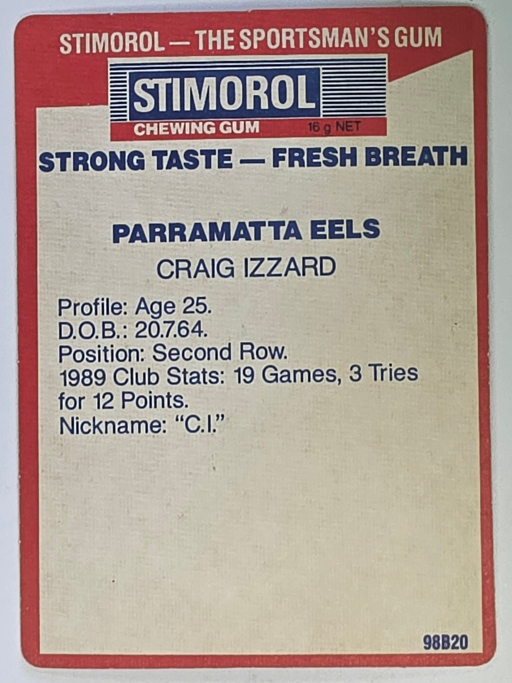NRL 1990 Stimorol | Base Card #108 | Craig Izzard | Parramatta Eels