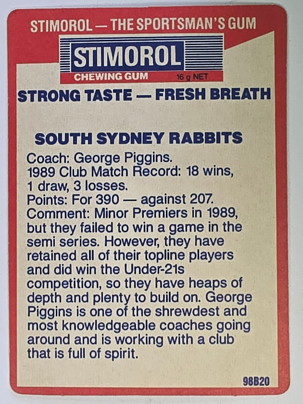 NRL 1990 Stimorol | Base Card #130 | South Sydney Rabbitohs Logo