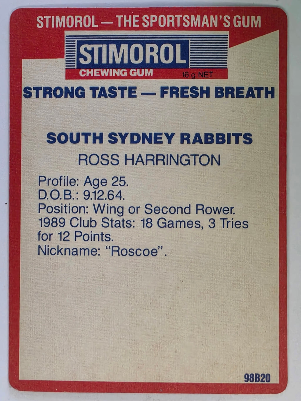 NRL 1990 Stimorol | Base Card #136 | Ross Harrington | South Sydney Rabbitohs
