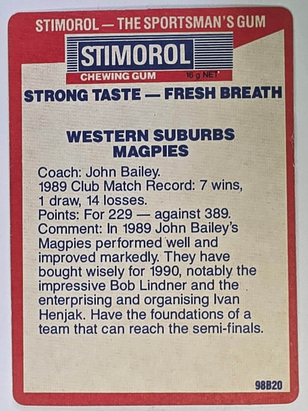 NRL 1990 Stimorol | Base Card #140 | Western Suburbs Magpies Logo