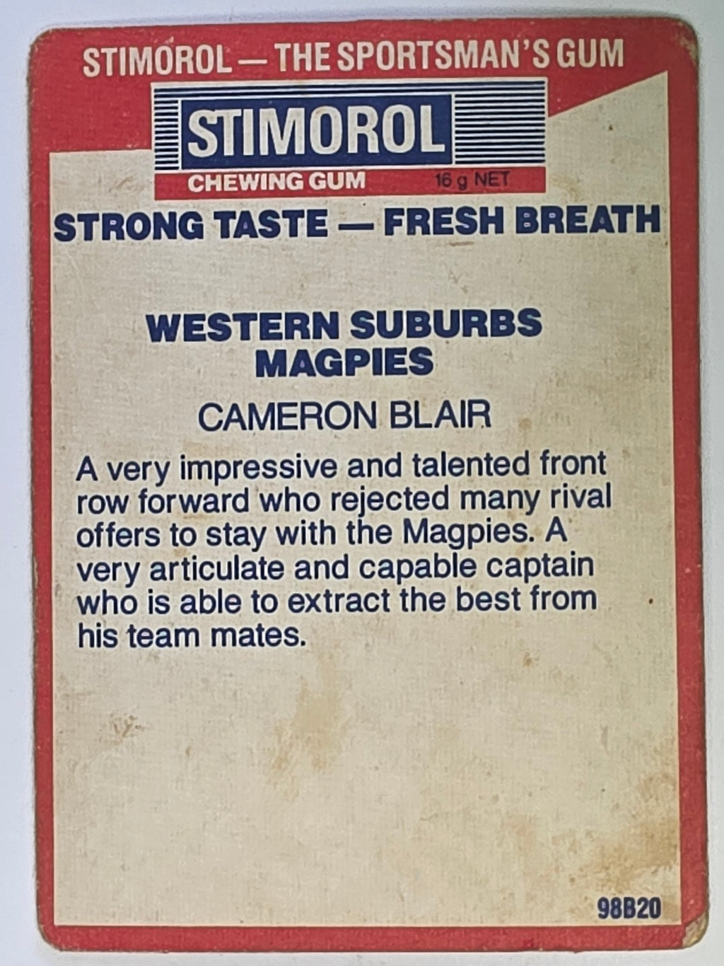 NRL 1990 Stimorol | Base Card #141 | Cameron Blair | Western Suburbs Magpies
