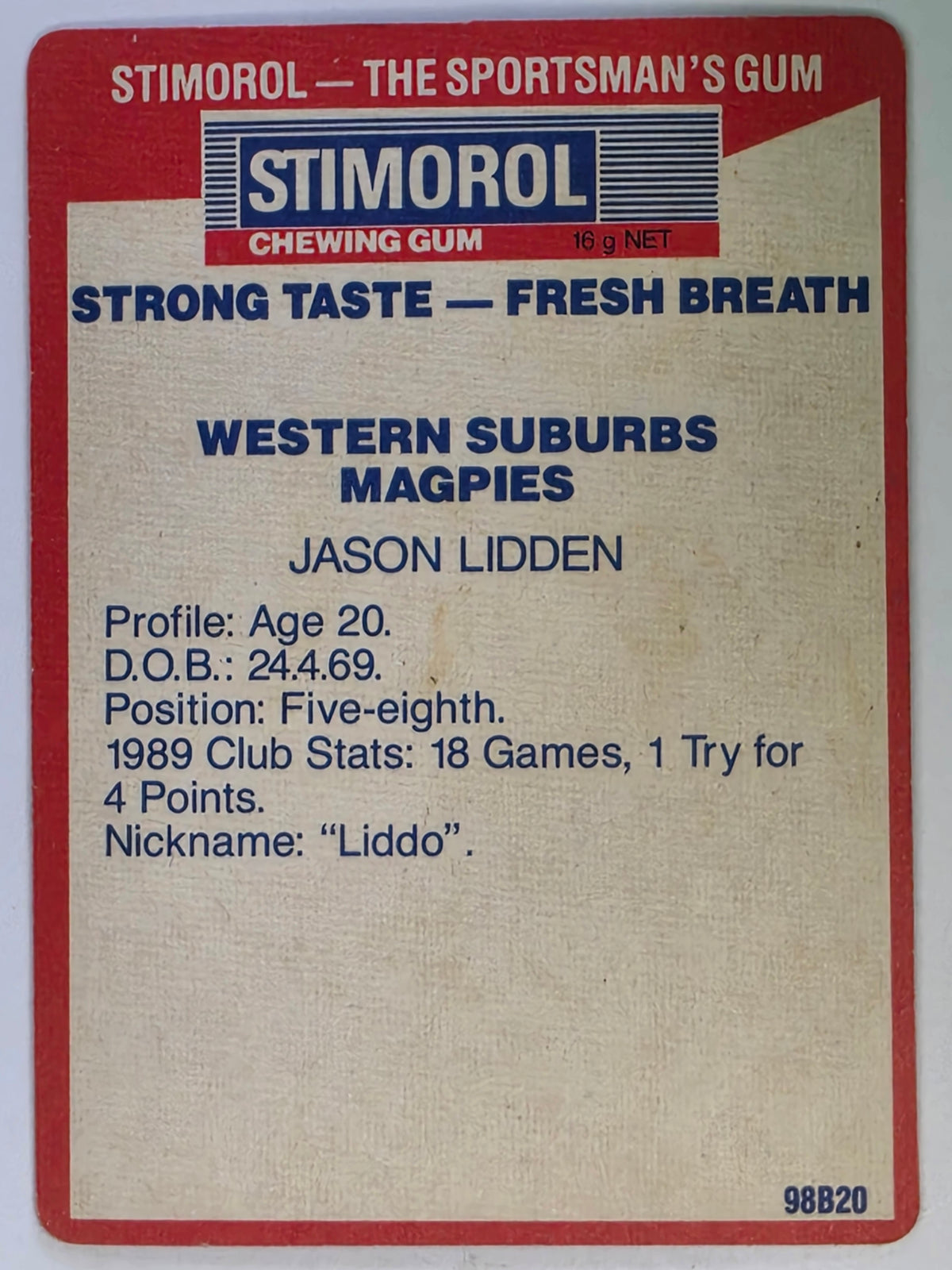 NRL 1990 Stimorol | Base Card #144 | Jason Lidden | Western Suburbs Magpies