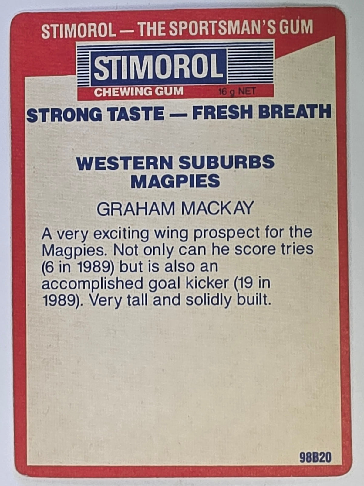 NRL 1990 Stimorol | Base Card #145 | Graham Mackay | Western Suburbs Magpies