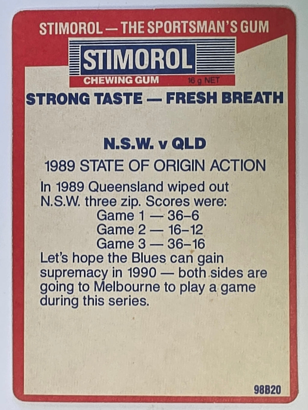 NRL 1990 Stimorol | Base Card #153 | 1989 State of Origin