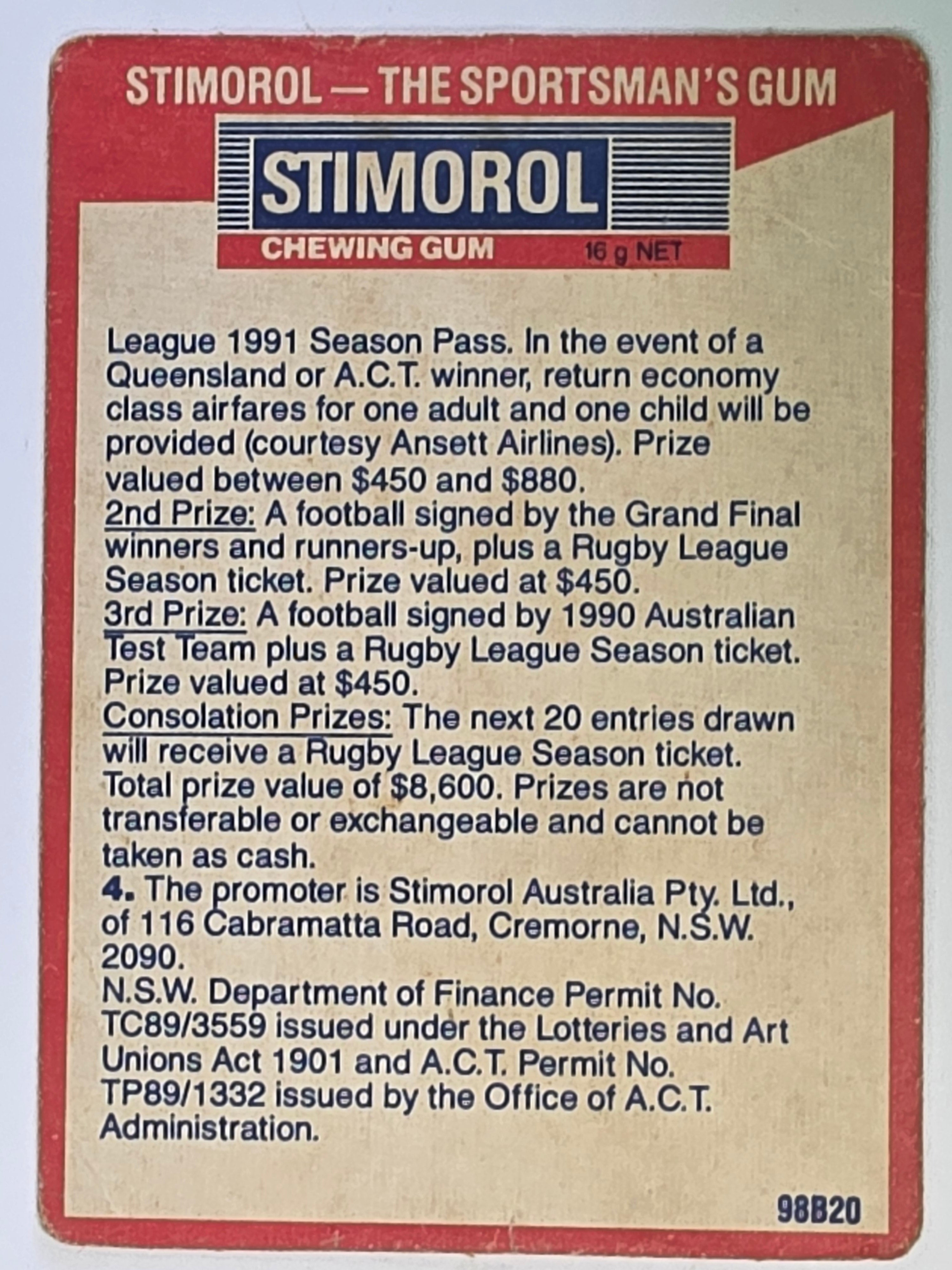 NRL 1990 Stimorol | Base Card #156 | Competition Card