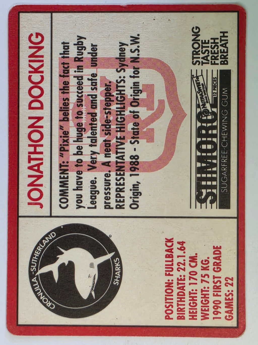 NRL 1991 Stimorol | Base Card #091 | Jonathan Docking | Cronulla Sutherland Sharks