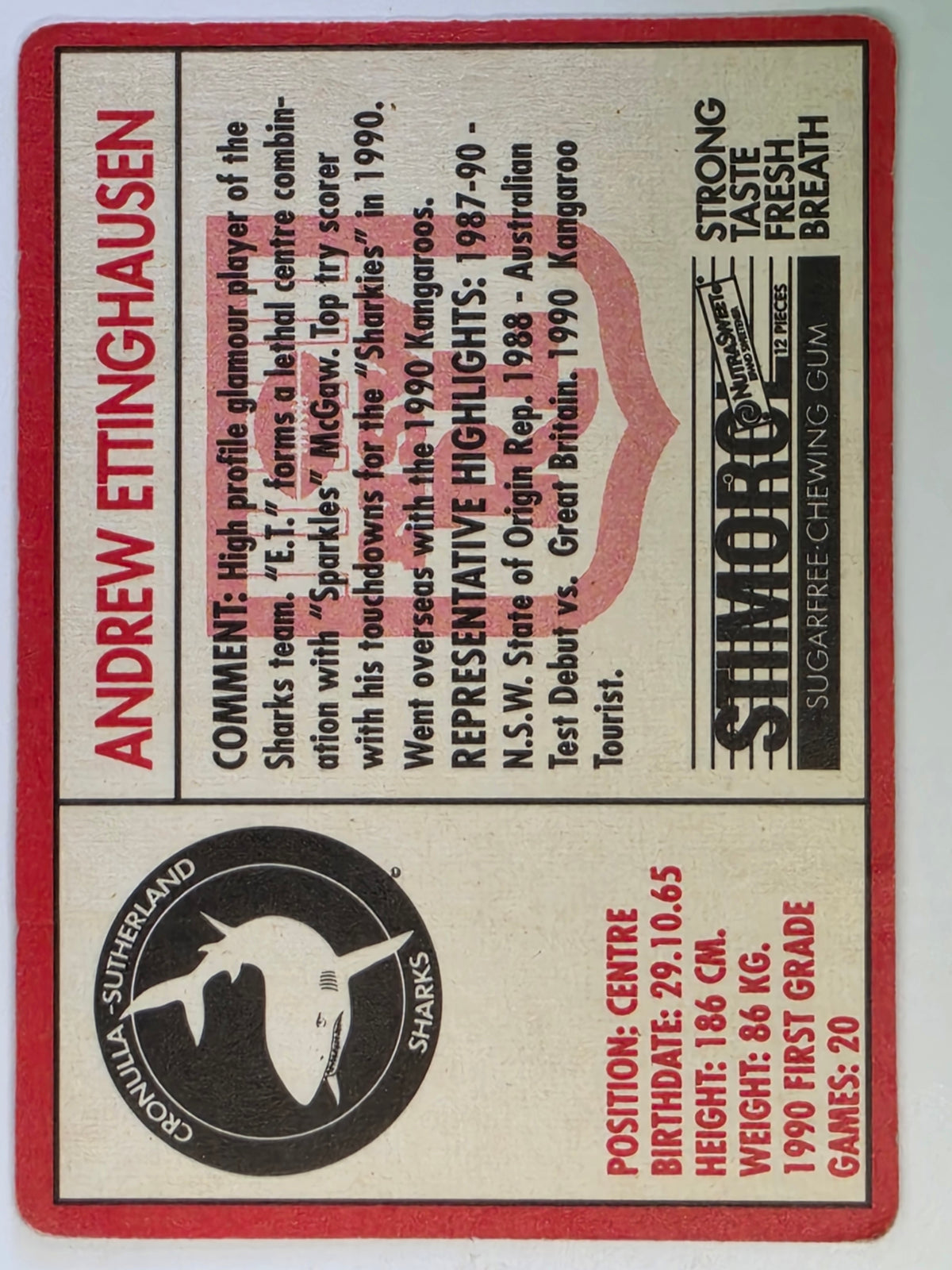 NRL 1991 Stimorol | Base Card #093 | Andrew Ettingshausen | Cronulla Sutherland Sharks