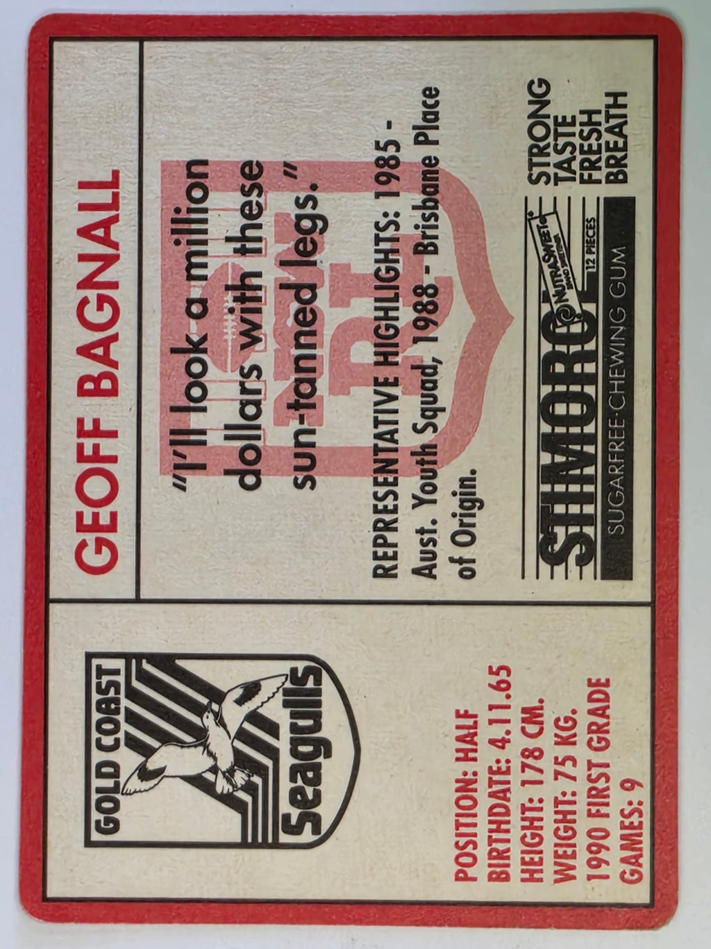 NRL 1991 Stimorol | Base Card #140 | Geoff Bagnall | Gold Coast Seagulls