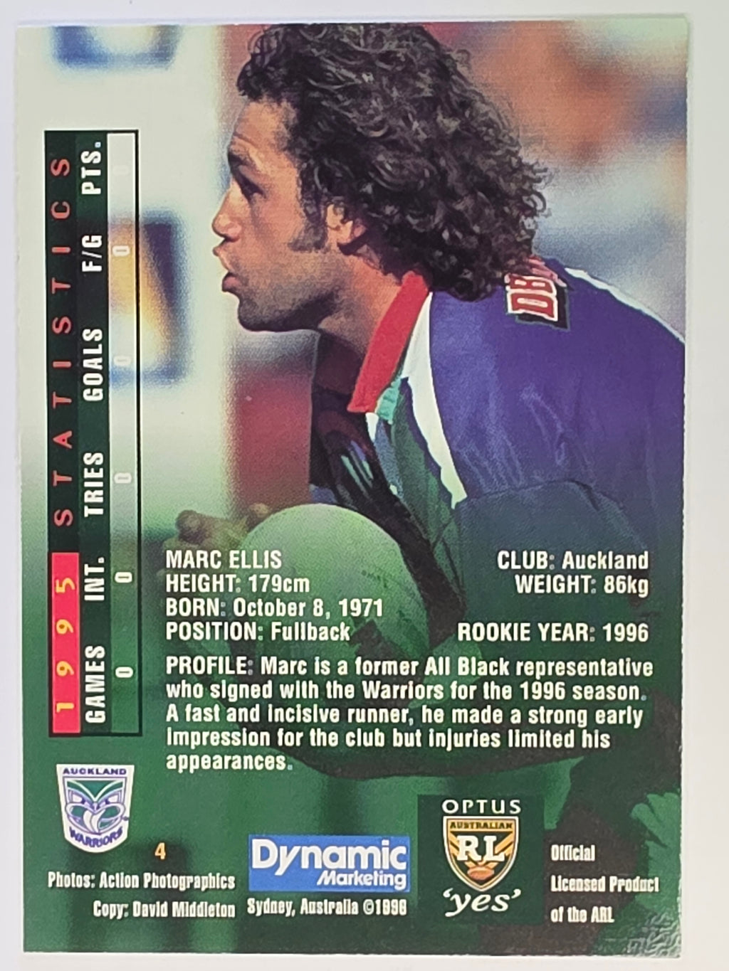NRL 1996 Dynamic Series 2 Base Card #004 Marc Ellis Auckland Warriors