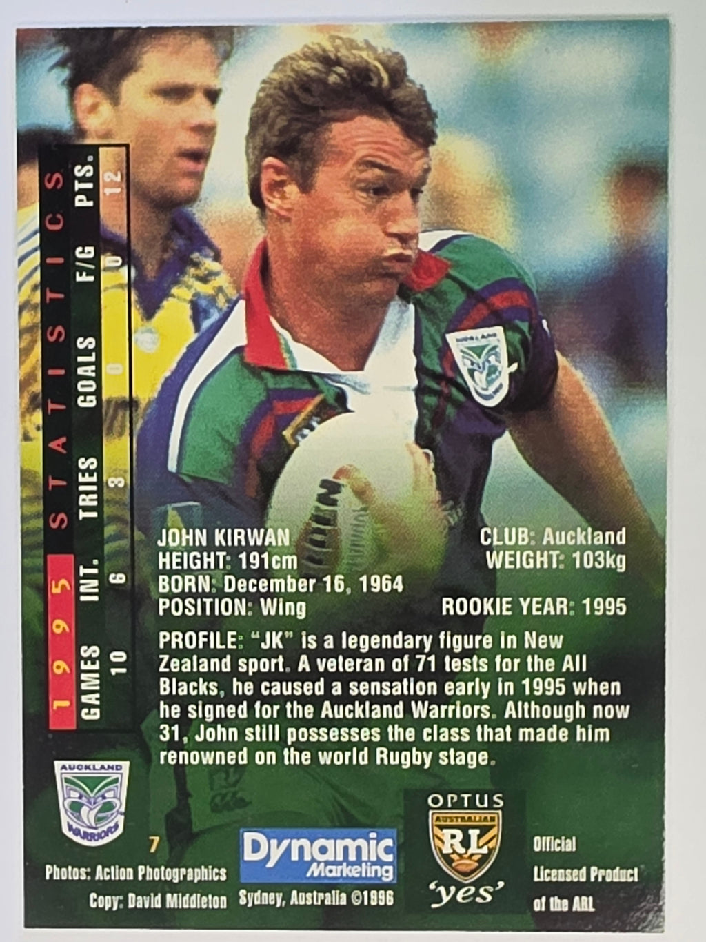 NRL 1996 Dynamic Series 2 Base Card #007 John Kirwan Auckland Warriors