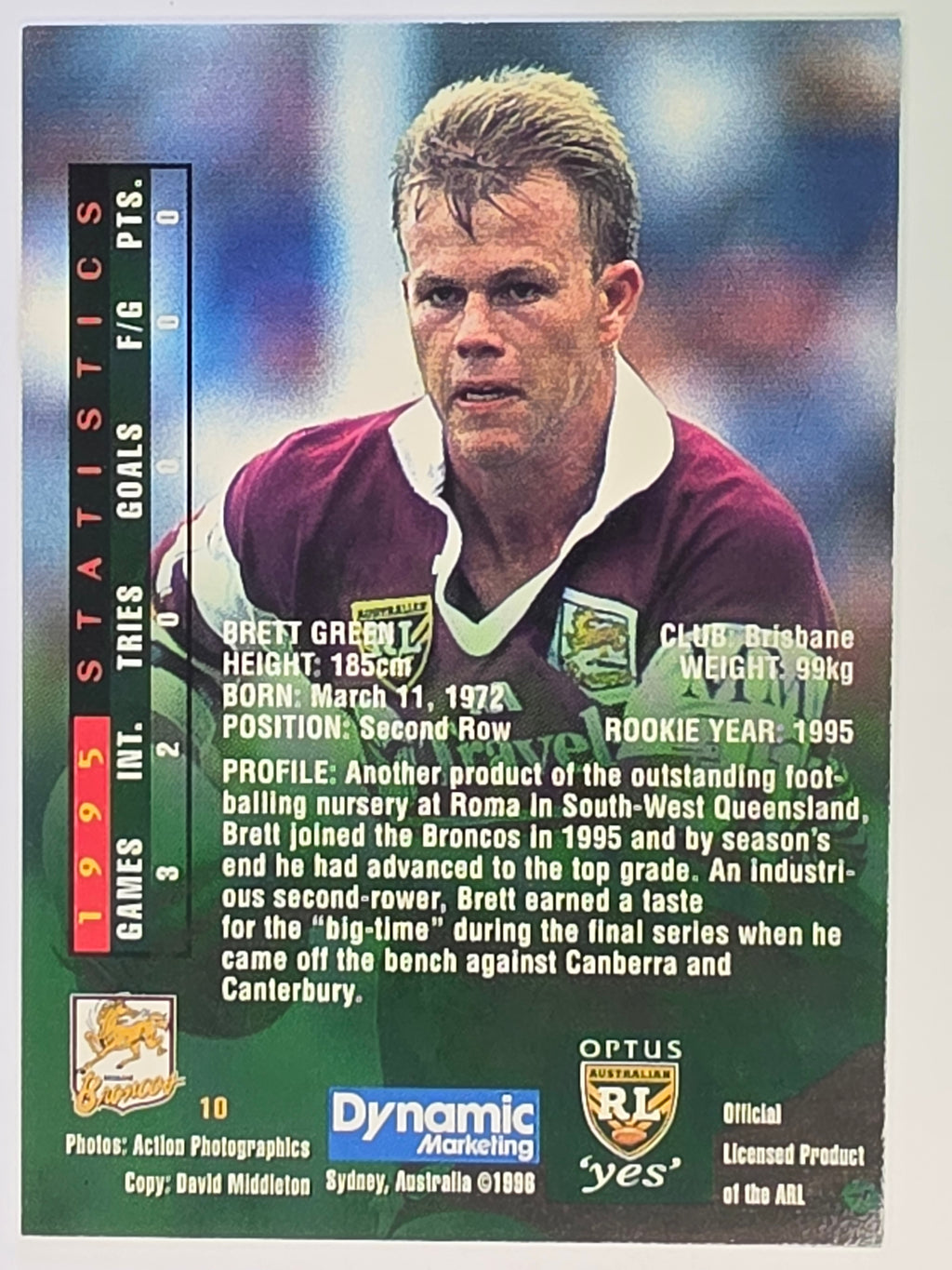 NRL 1996 Dynamic Series 2 Base Card #010 Brett Green Brisbane Broncos