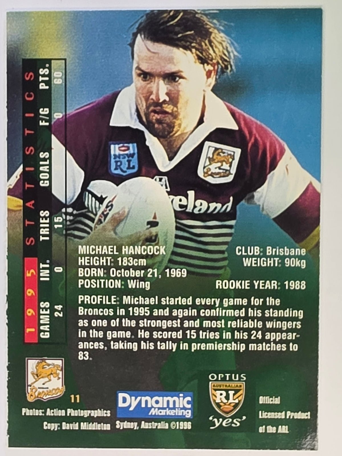 NRL 1996 Dynamic Series 2 Base Card #011 Michael Hancock Brisbane Broncos