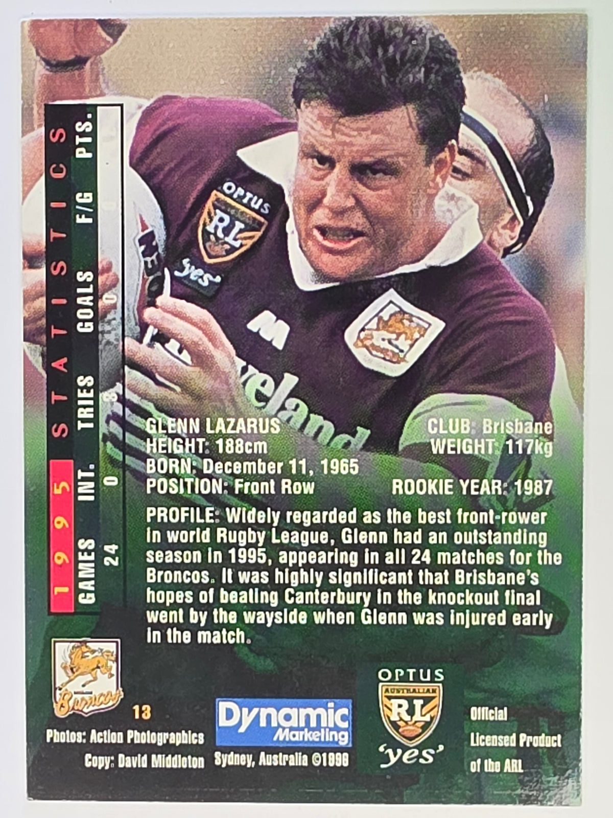 NRL 1996 Dynamic Series 2 Base Card #013 Glenn Lazarus Brisbane Broncos
