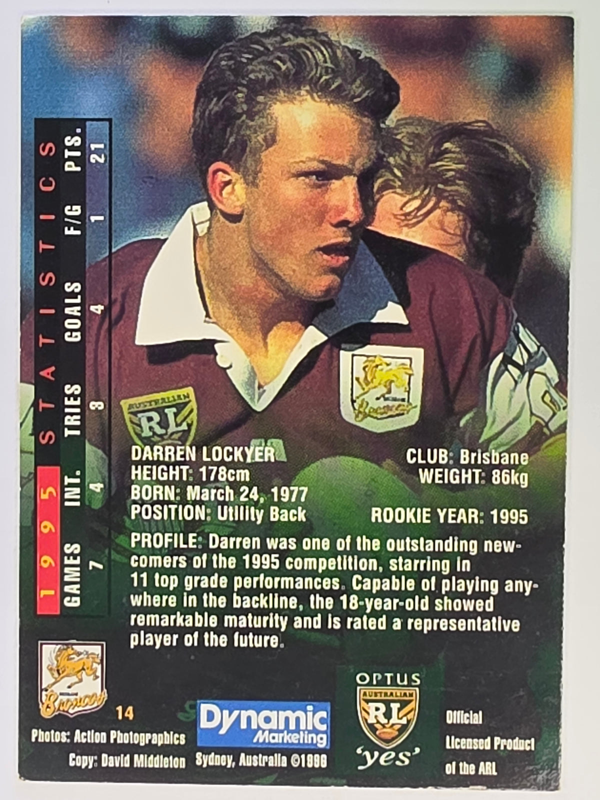 NRL 1996 Dynamic Series 2 Base Card #014 Darren Lockyer Brisbane Broncos