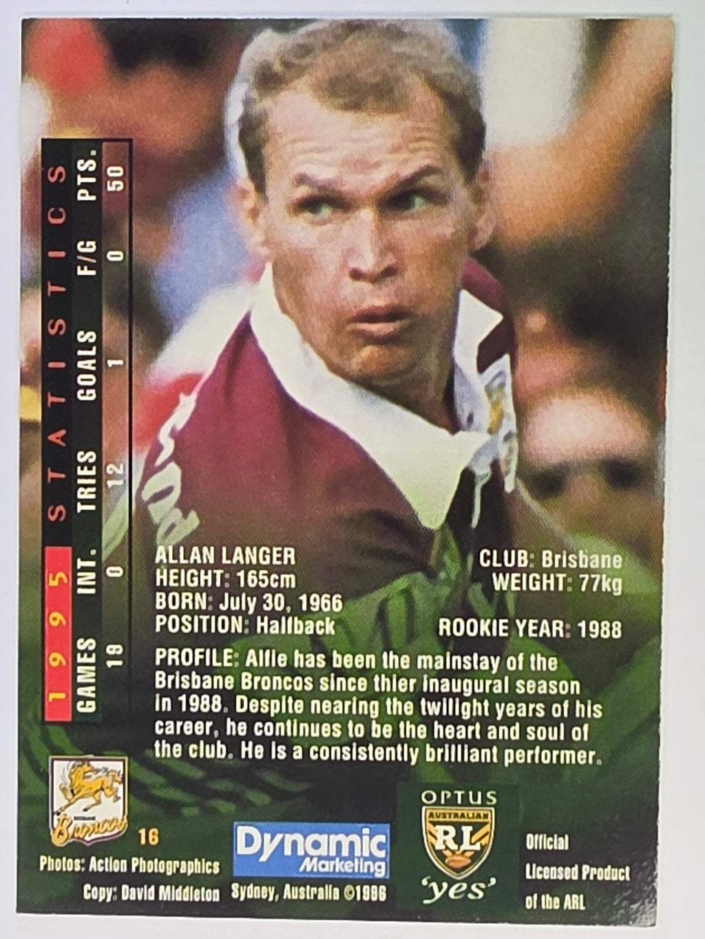 NRL 1996 Dynamic Series 2 Base Card #016 Allan Langer Brisbane Broncos