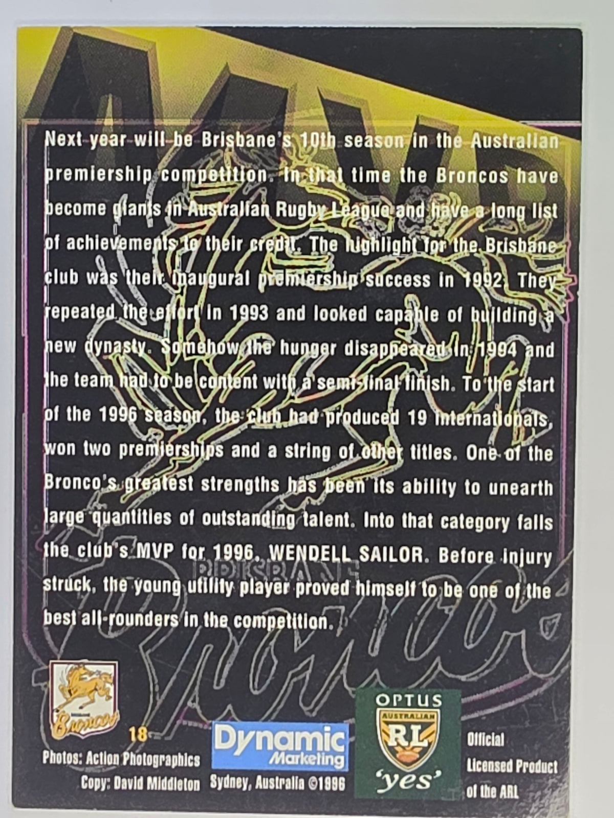 NRL 1996 Dynamic Series 2 Base Card #018 Wendell Sailor Brisbane Broncos