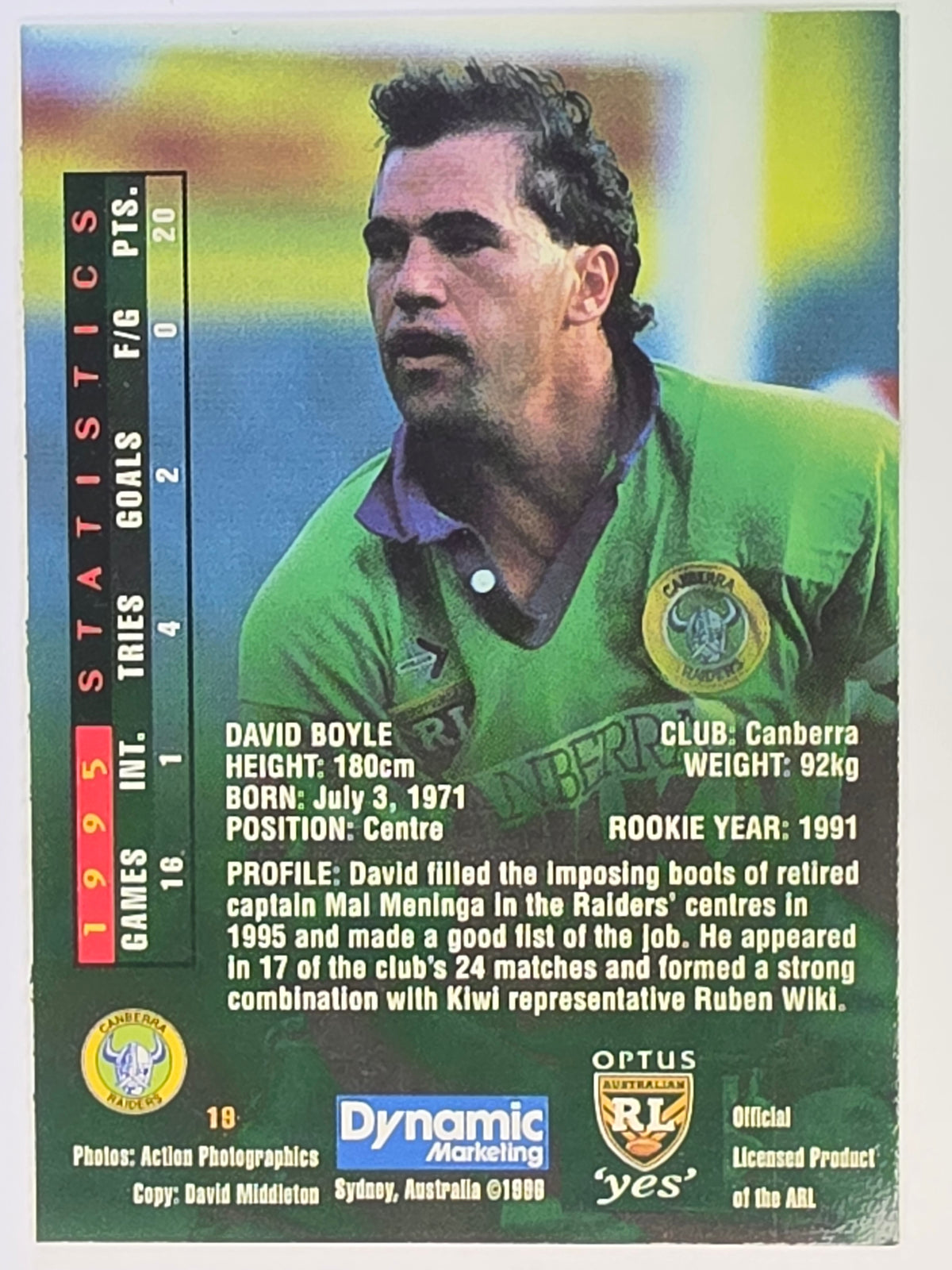 NRL 1996 Dynamic Series 2 Base Card #019 David Boyle Canberra Raiders