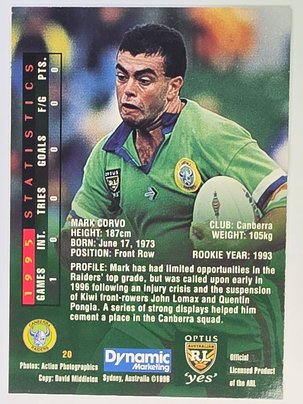 NRL 1996 Dynamic Series 2 Base Card #020 Mark Corvo Canberra Raiders