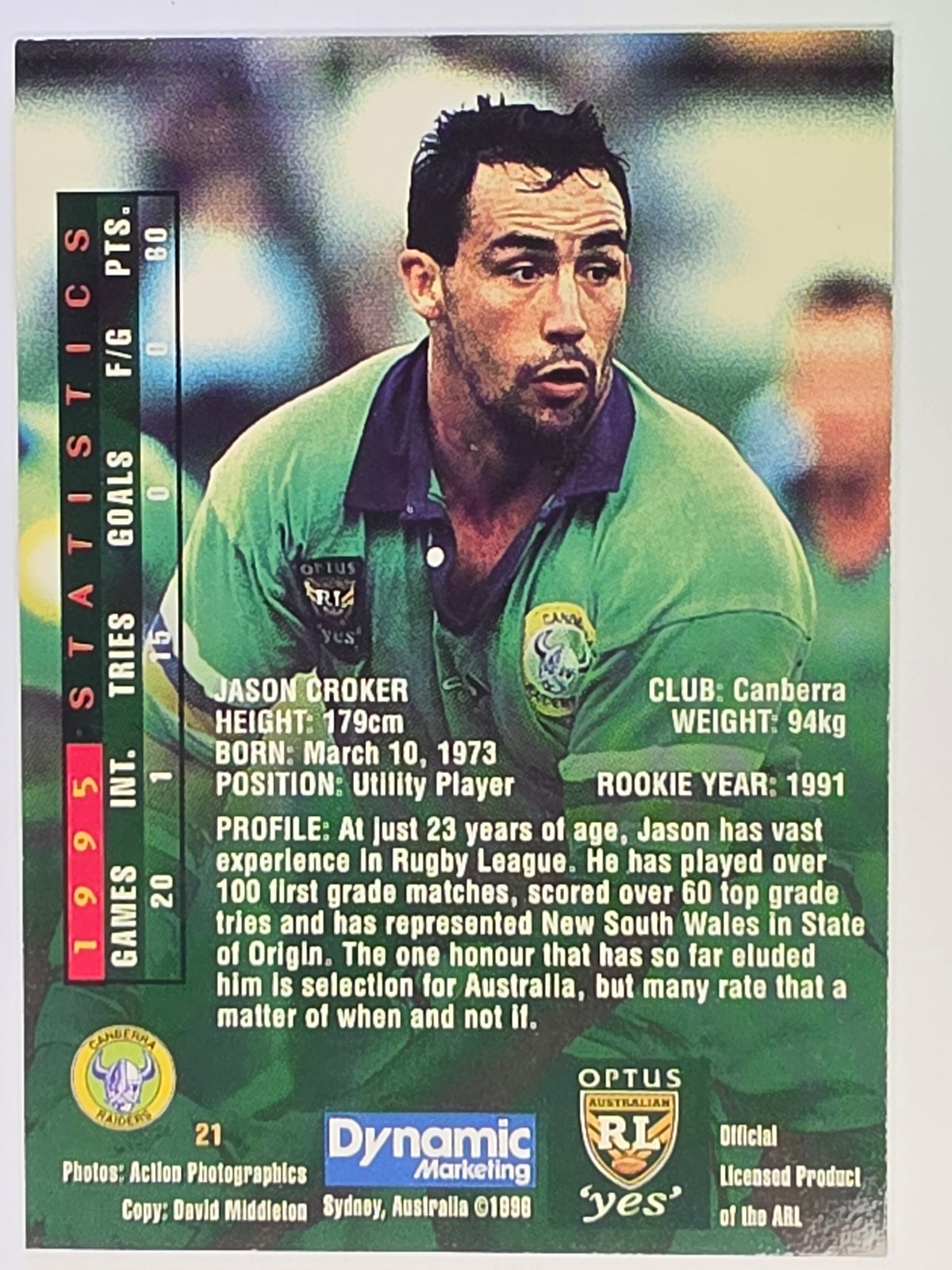 NRL 1996 Dynamic Series 2 Base Card #021 Jason Crocker Canberra Raiders
