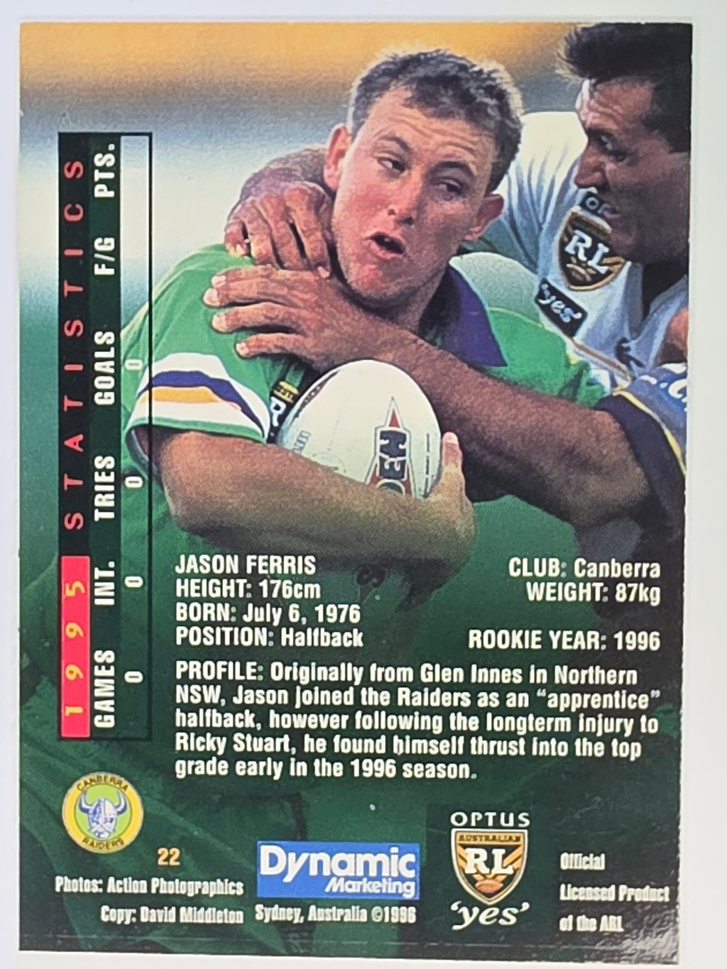 NRL 1996 Dynamic Series 2 Base Card #022 Jason Ferris Canberra Raiders