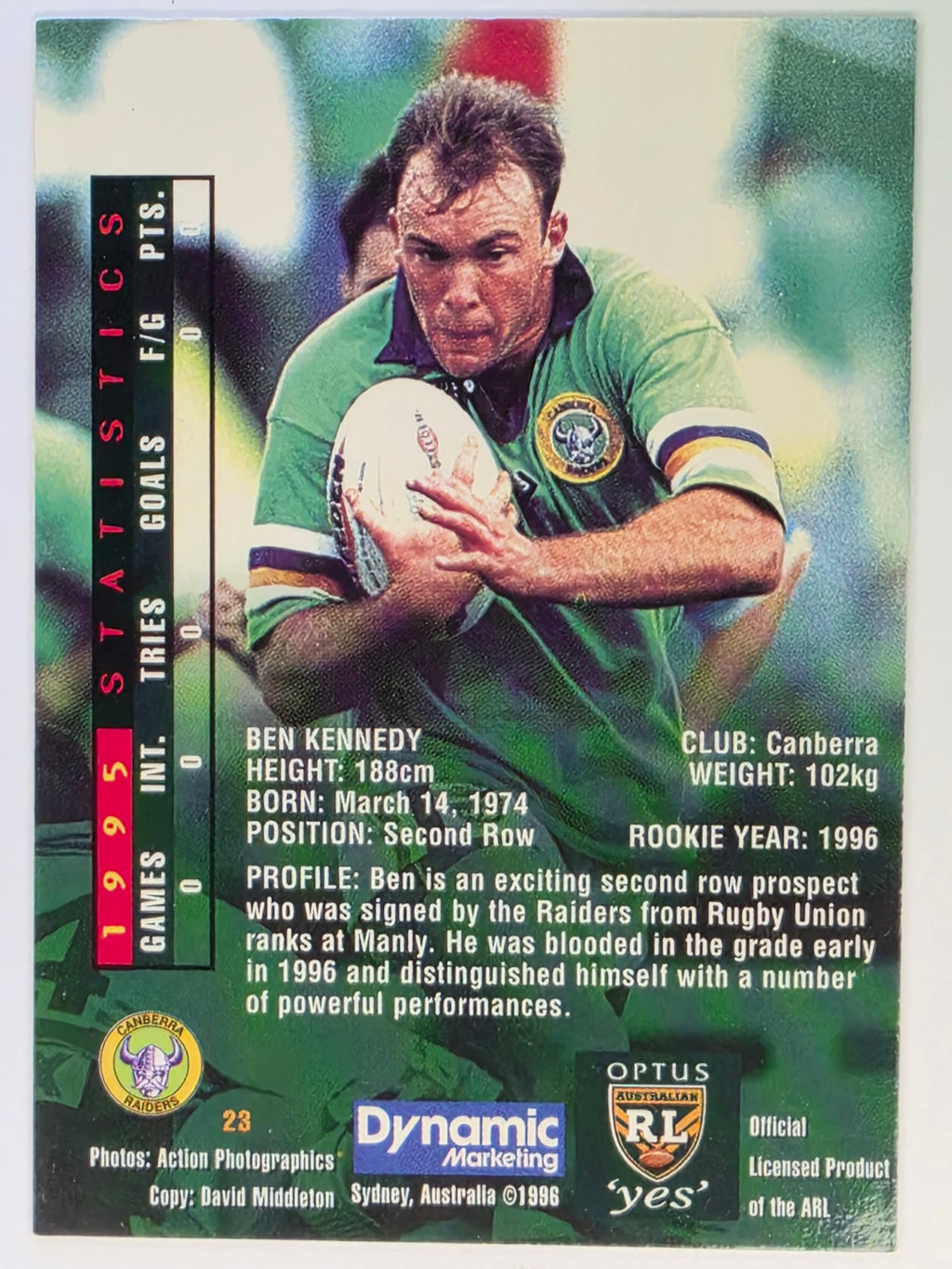 NRL 1996 Dynamic Series 2 Base Card #023 Ben Kennedy Canberra Raiders