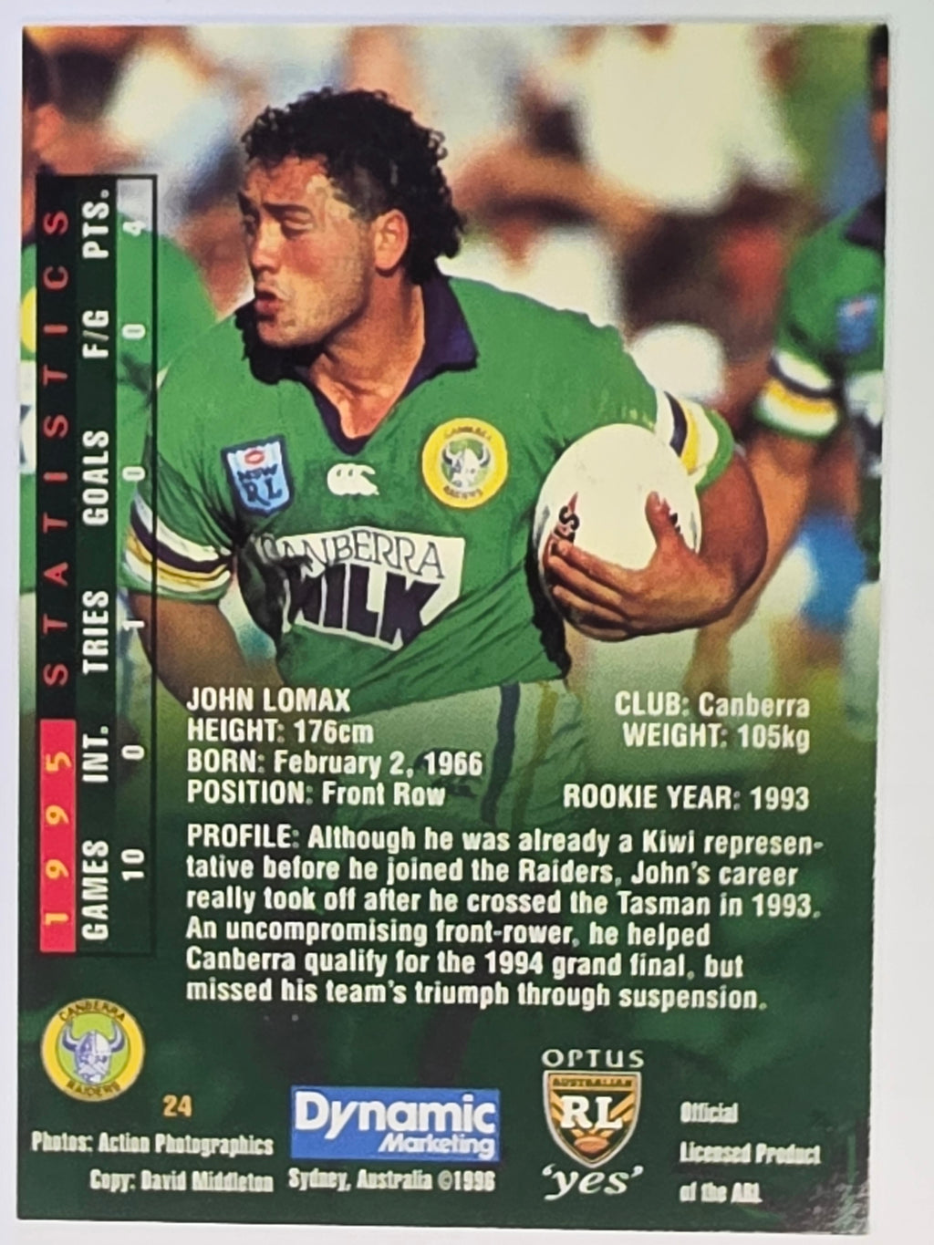 NRL 1996 Dynamic Series 2 Base Card #024 John Lomax Canberra Raiders