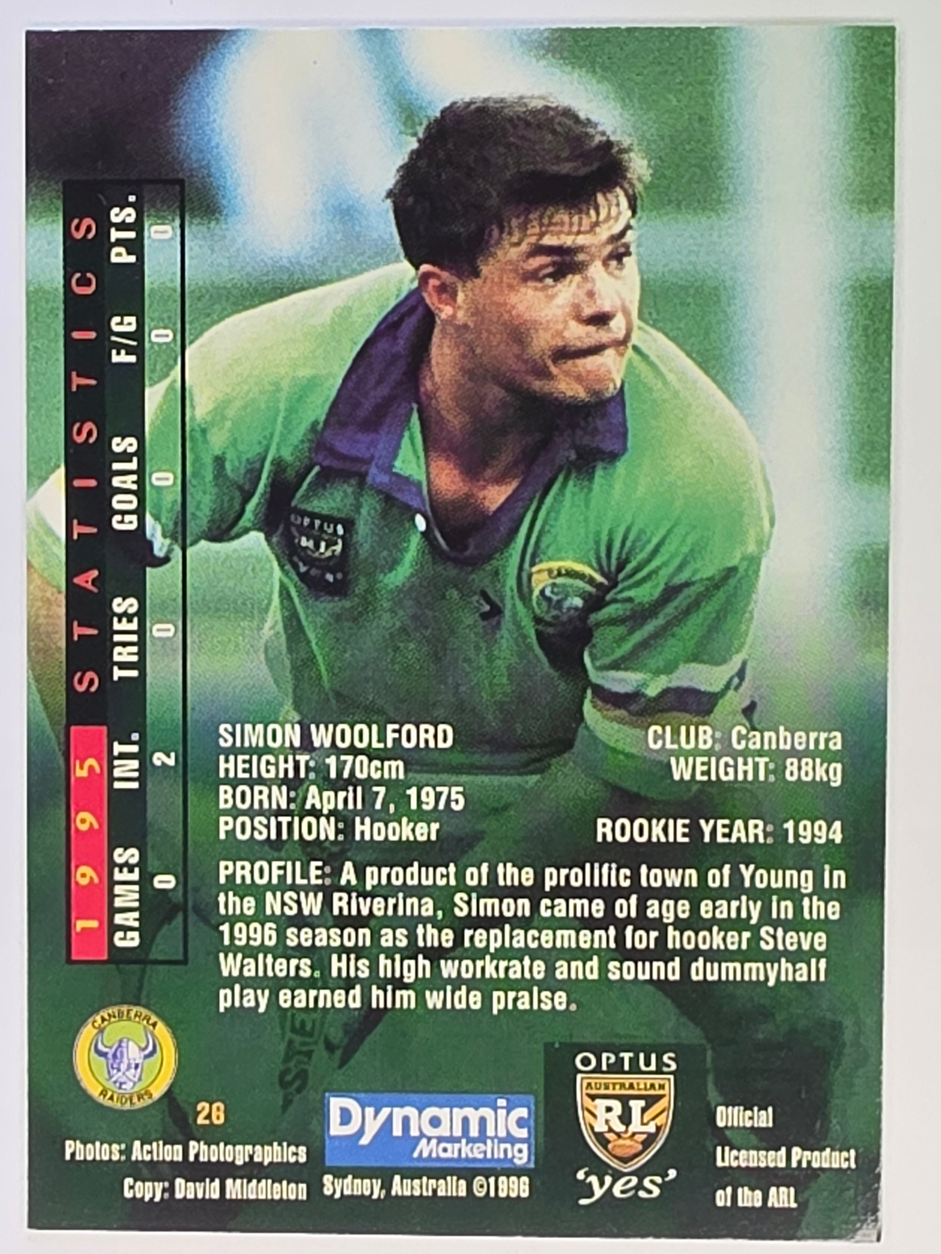 NRL 1996 Dynamic Series 2 Base Card #026 Simon Woolford Canberra Raiders